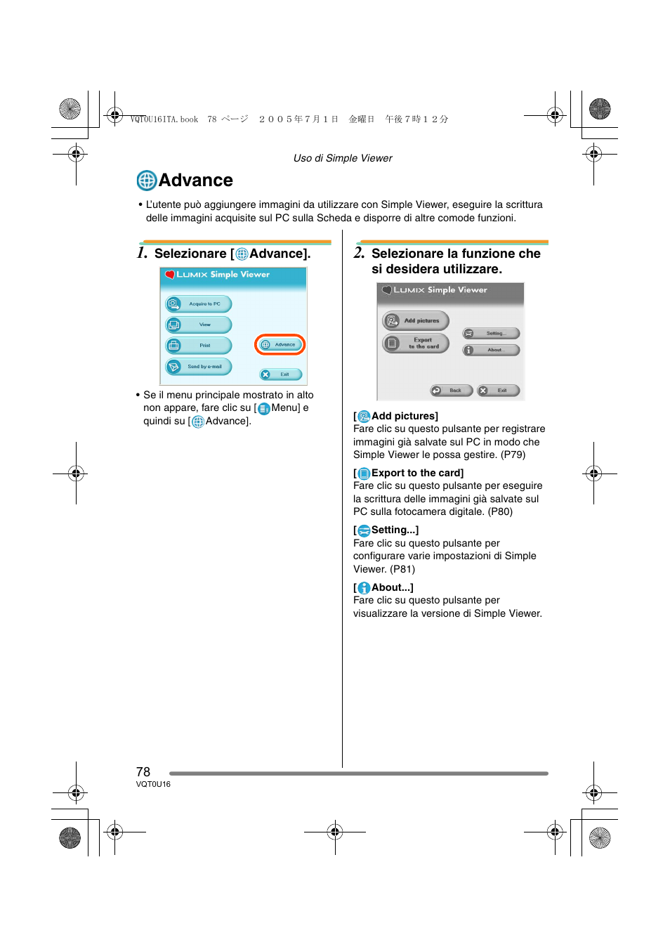 Advance | Panasonic VQT0U16 User Manual | Page 78 / 120