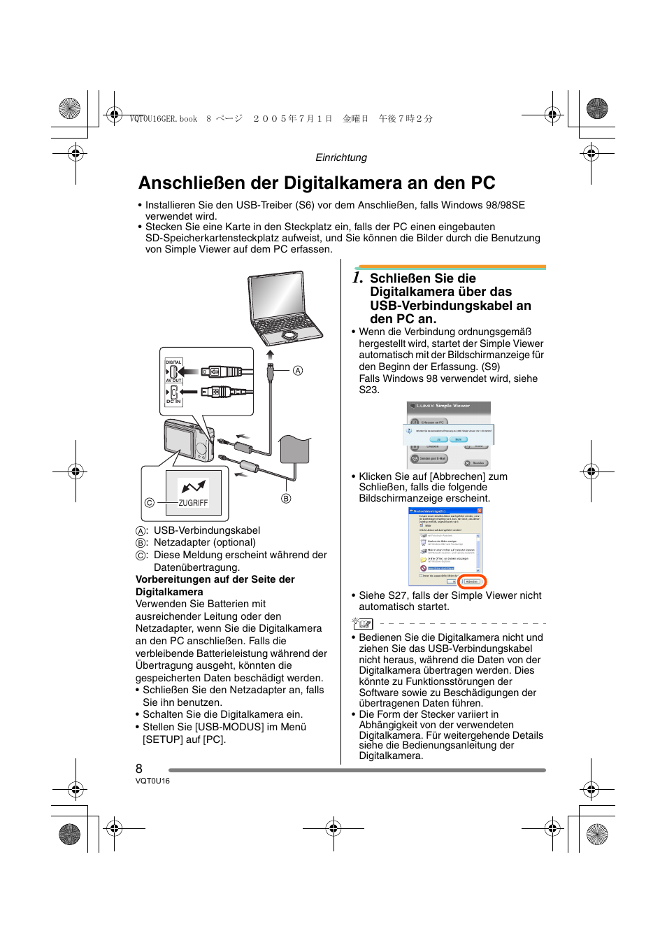 Anschließen der digitalkamera an den pc | Panasonic VQT0U16 User Manual | Page 8 / 120