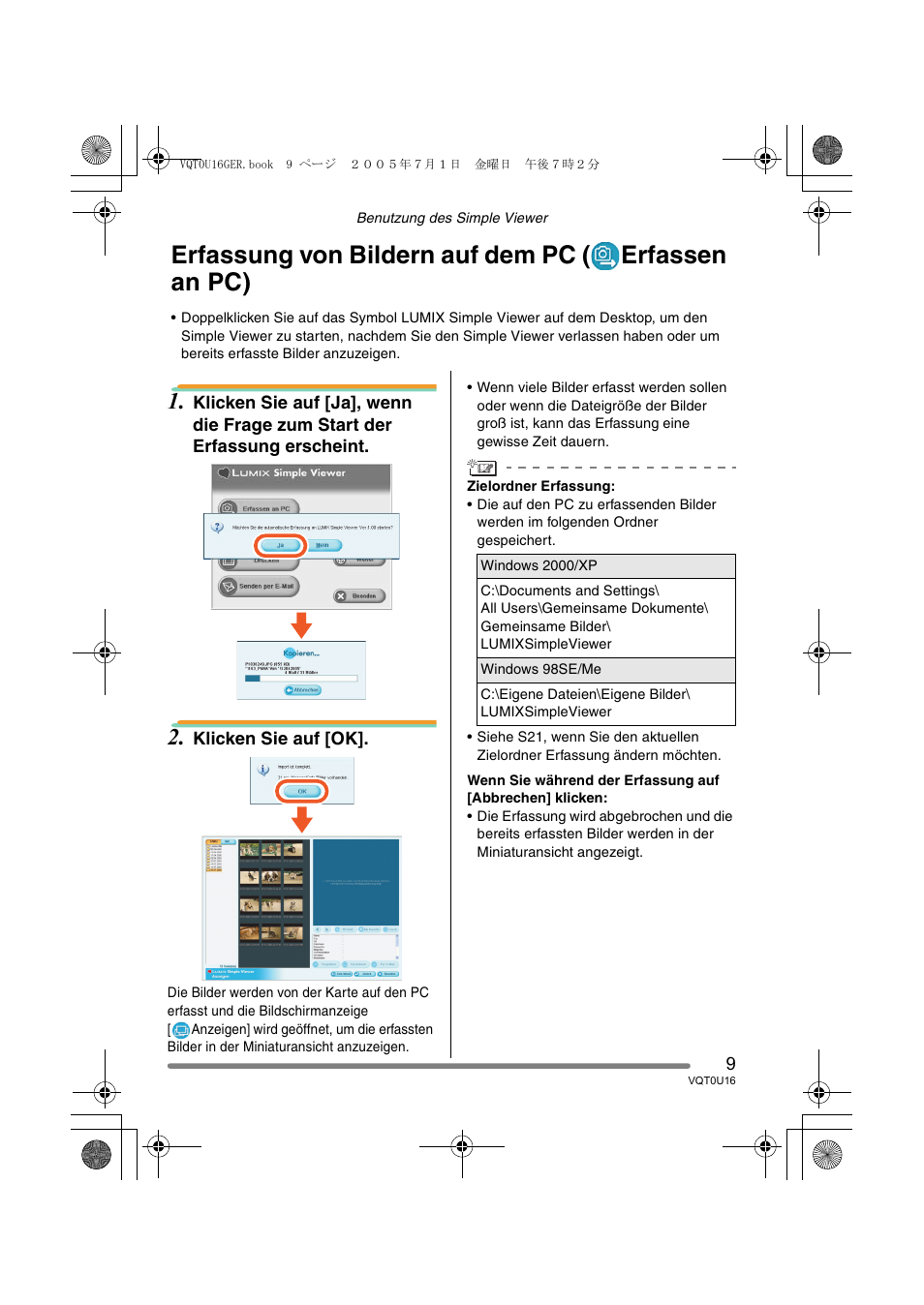 Erfassung von bildern auf dem pc ( erfassen an pc) | Panasonic VQT0U16 User Manual | Page 9 / 120