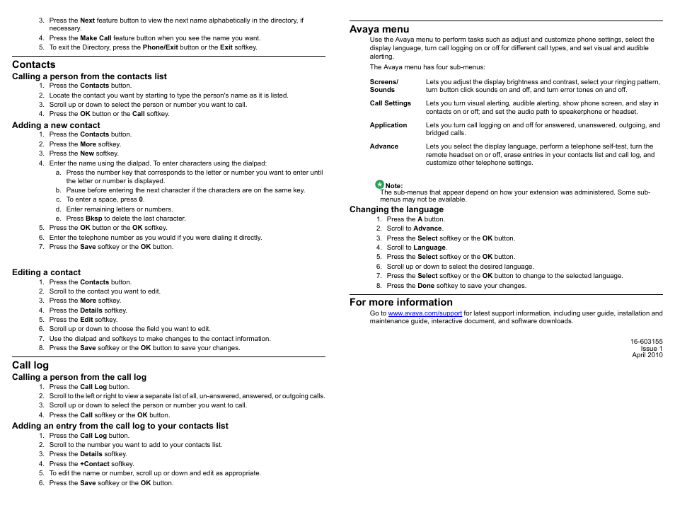Contacts, Calling a person from the contacts list, Adding a new contact | Editing a contact, Call log, Calling a person from the call log, Avaya menu, Changing the language, For more information | Avaya Aura 16-603155 User Manual | Page 2 / 3