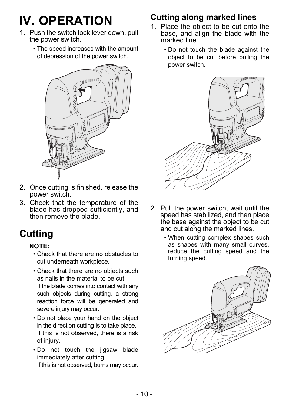 Iv. operation, Cutting, Cutting along marked lines | Panasonic EY4550 User Manual | Page 10 / 136