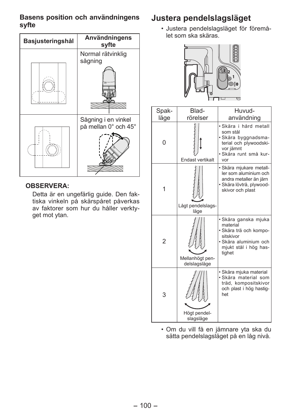 Justera pendelslagsläget, 100 - basens position och användningens syfte | Panasonic EY4550 User Manual | Page 100 / 136