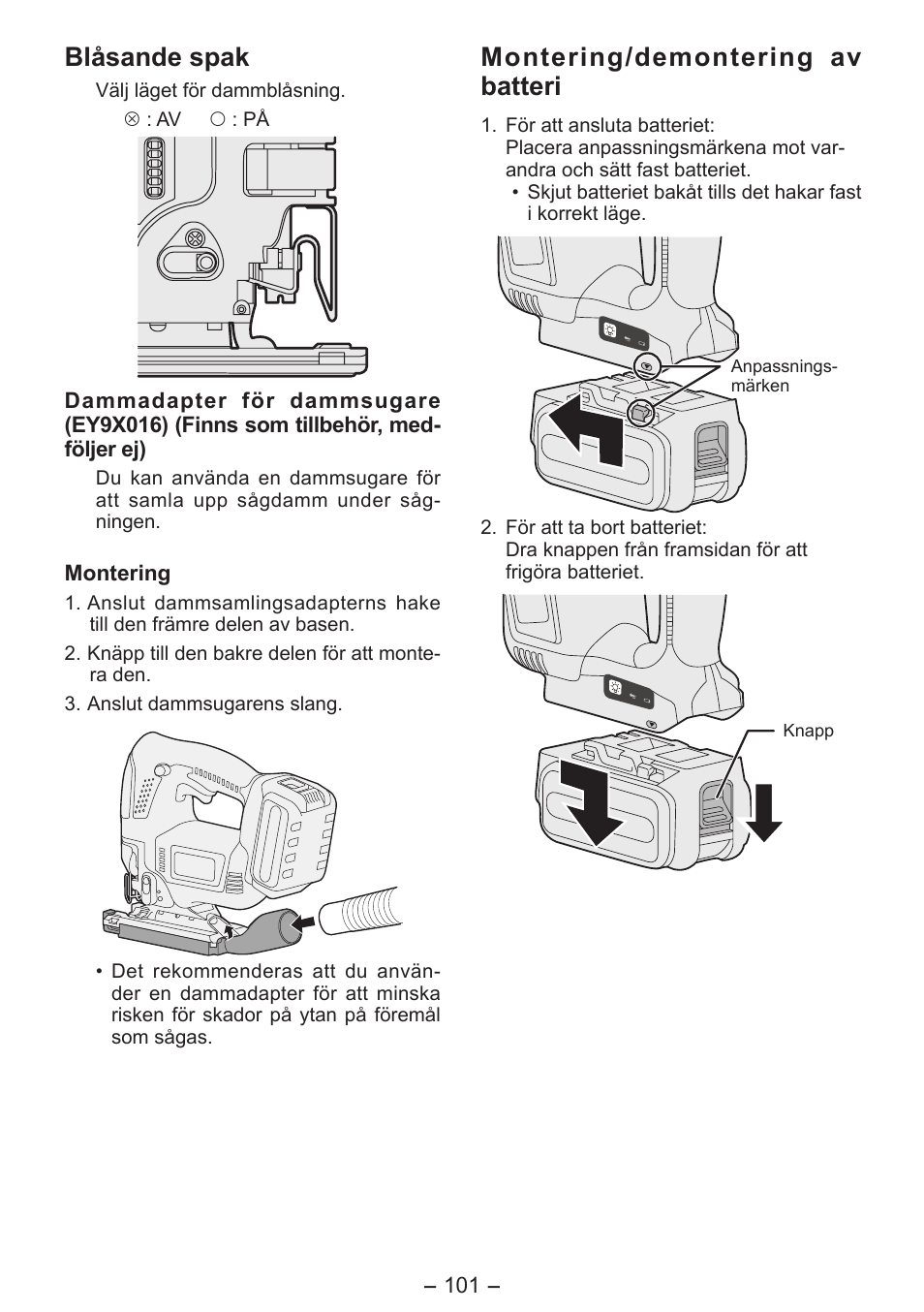 Blåsande spak, Montering/demontering av batteri | Panasonic EY4550 User Manual | Page 101 / 136