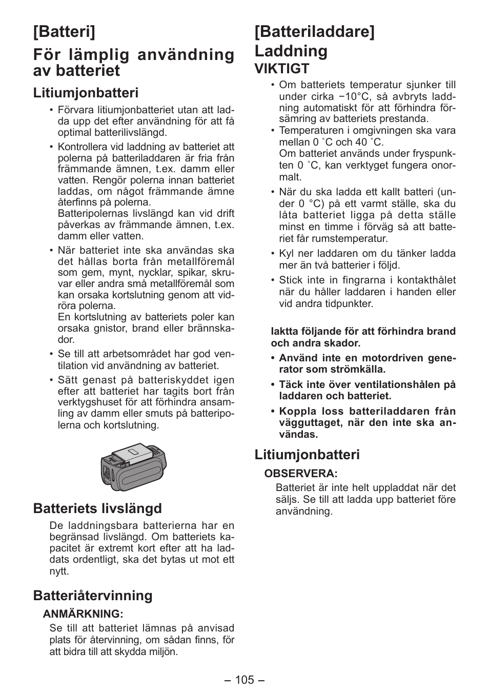 Batteri] för lämplig användning av batteriet, Batteriladdare] laddning, Litiumjonbatteri | Batteriets livslängd, Batteriåtervinning, Viktigt | Panasonic EY4550 User Manual | Page 105 / 136