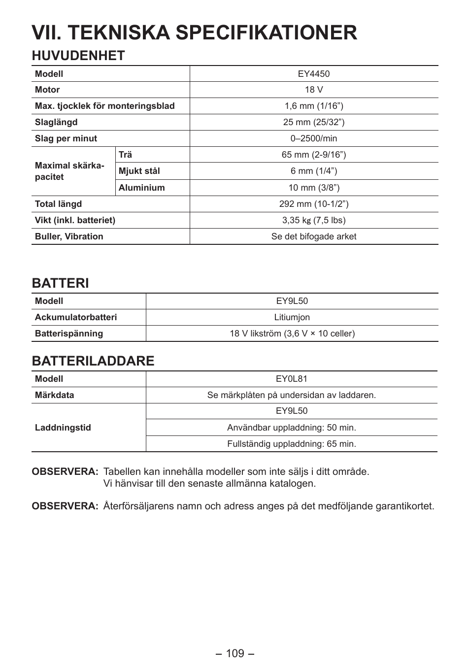 Vii. tekniska specifikationer, Huvudenhet, Batteri | Batteriladdare | Panasonic EY4550 User Manual | Page 109 / 136