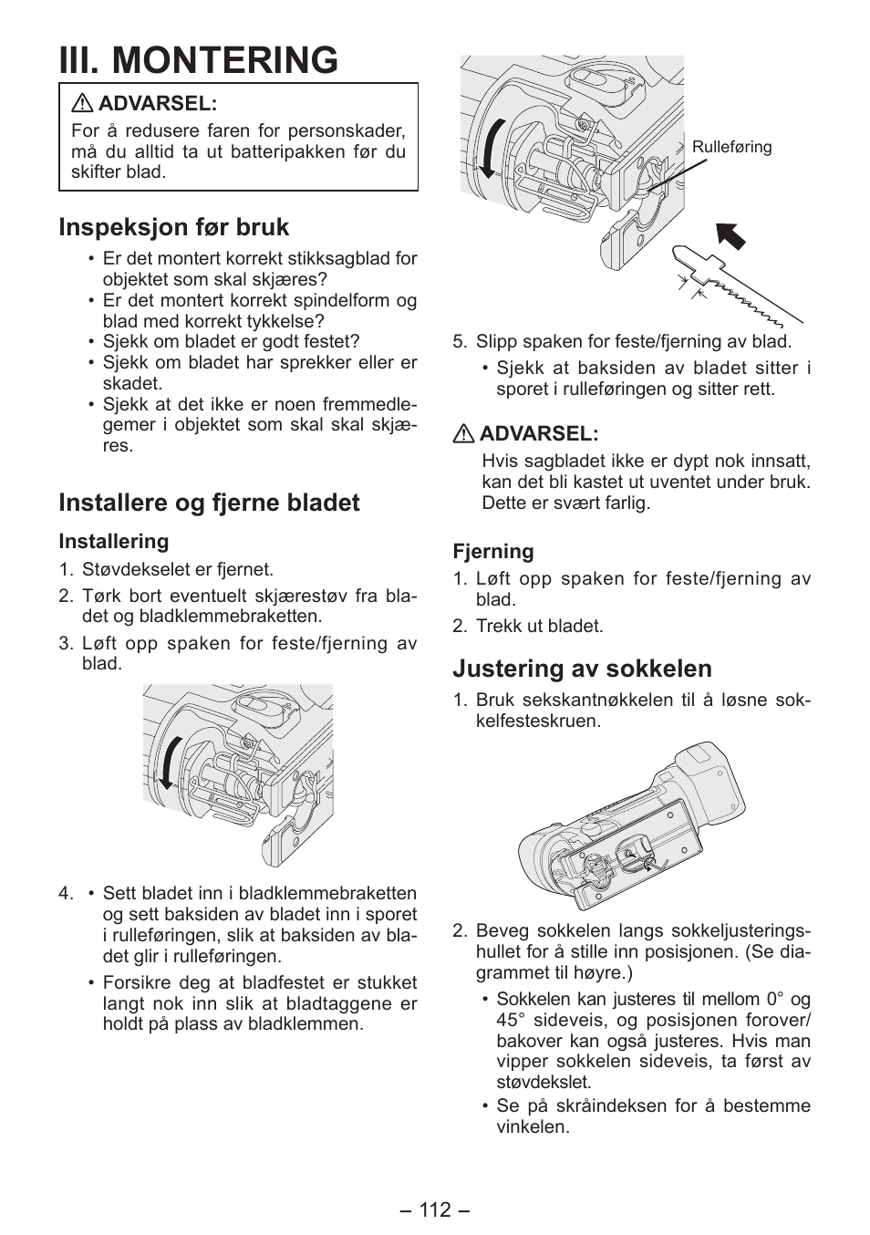 Iii. montering, Inspeksjon før bruk, Installere og fjerne bladet | Justering av sokkelen | Panasonic EY4550 User Manual | Page 112 / 136