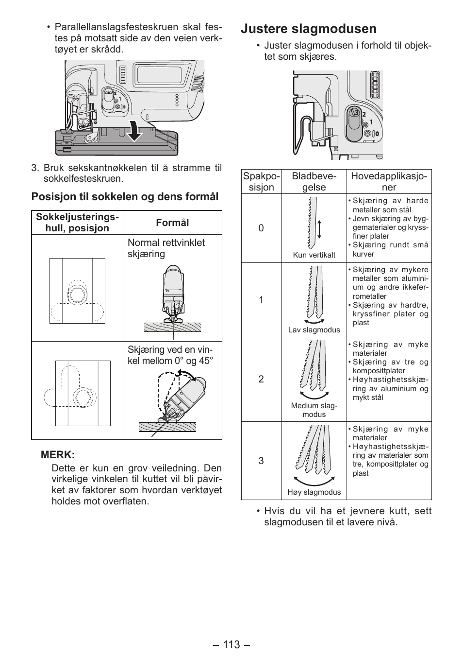 Justere slagmodusen, Posisjon til sokkelen og dens formål | Panasonic EY4550 User Manual | Page 113 / 136