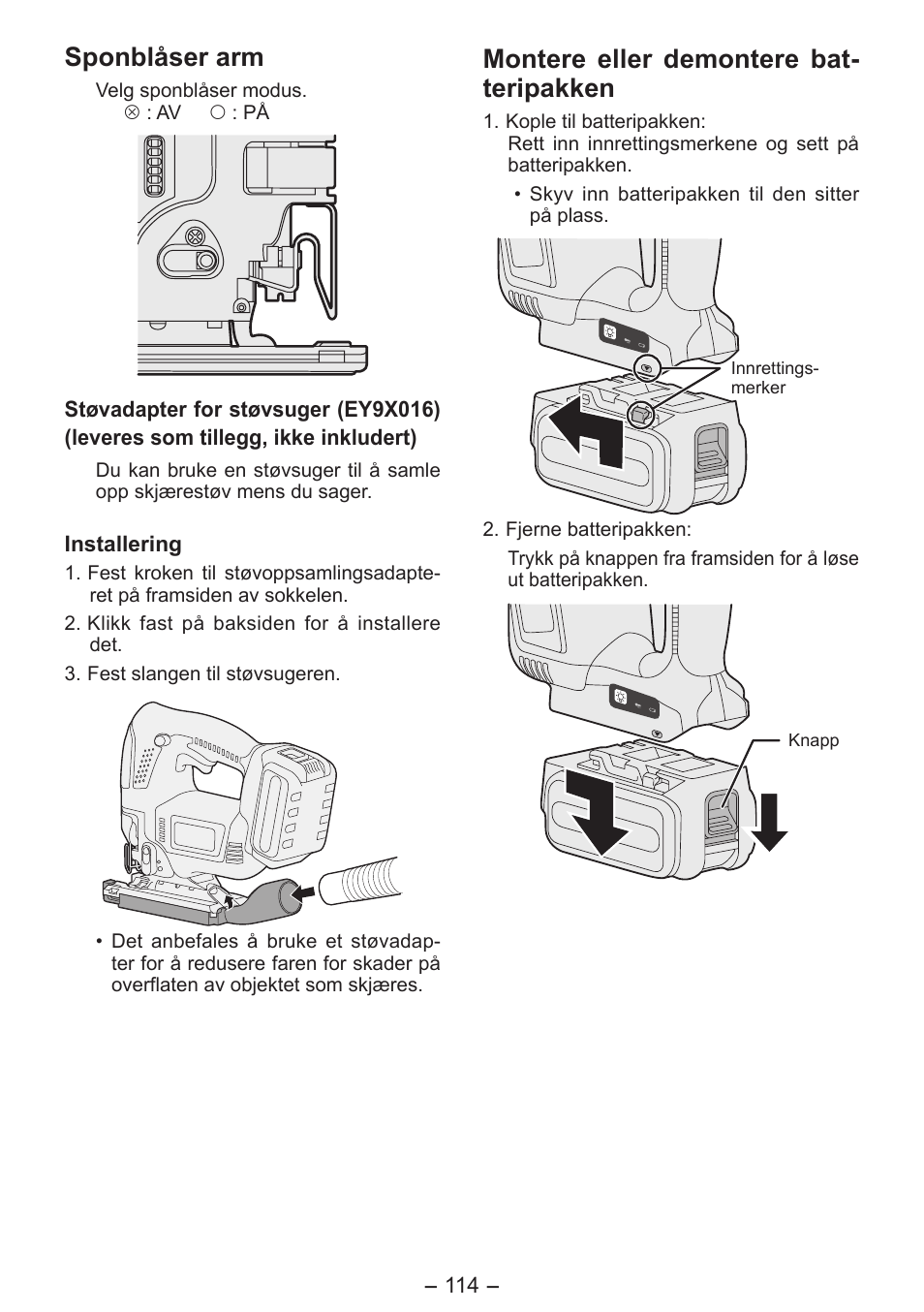 Sponblåser arm, Montere eller demontere bat- teripakken | Panasonic EY4550 User Manual | Page 114 / 136