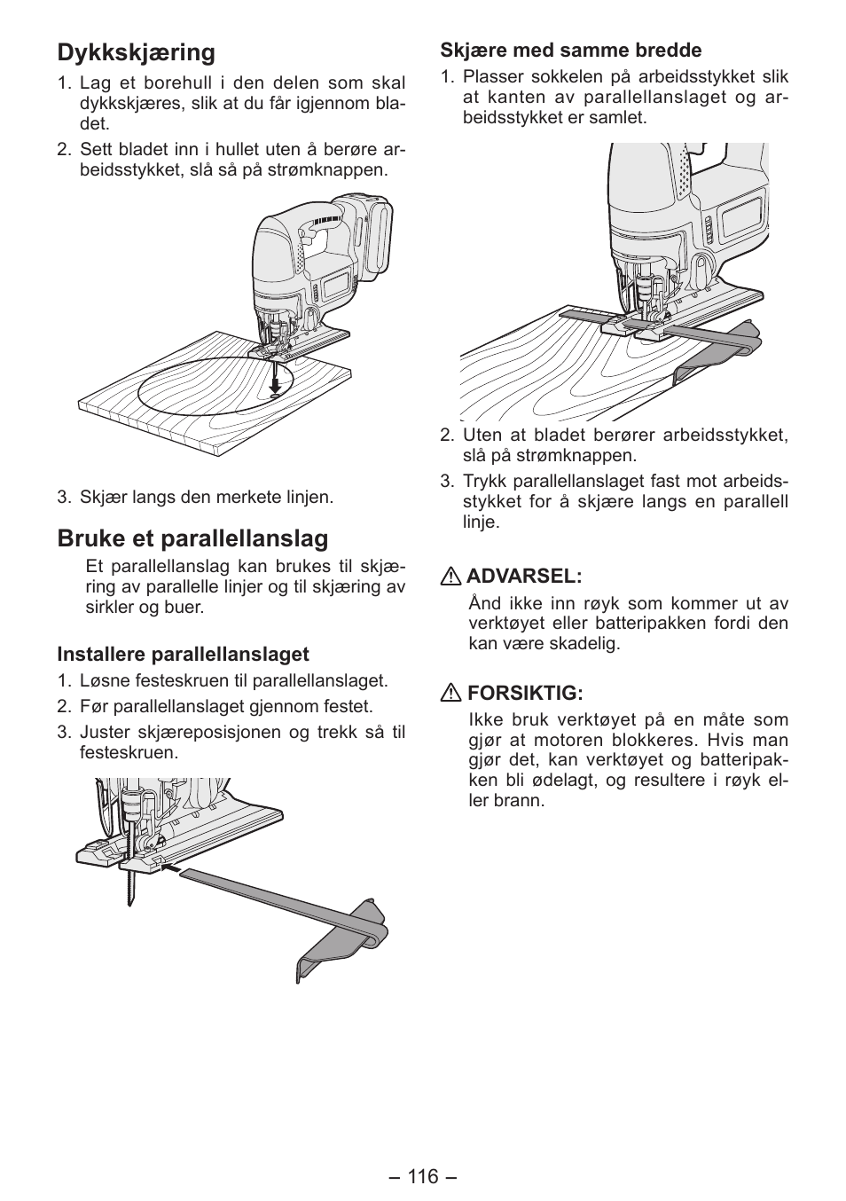 Dykkskjæring, Bruke et parallellanslag | Panasonic EY4550 User Manual | Page 116 / 136