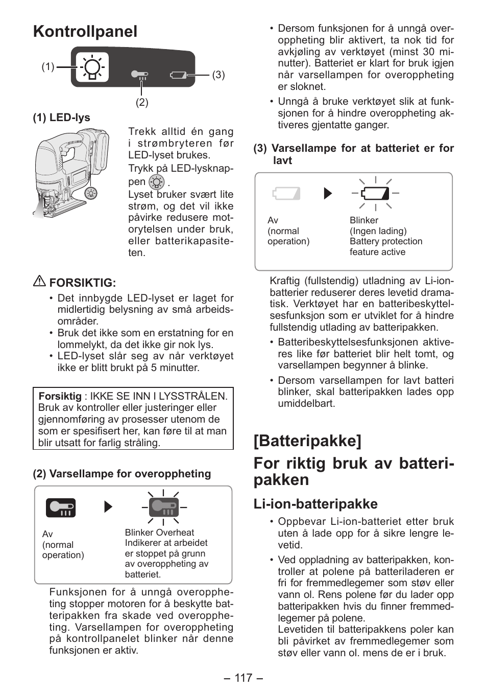 Kontrollpanel, Batteripakke] for riktig bruk av batteri- pakken, Li-ion-batteripakke | Panasonic EY4550 User Manual | Page 117 / 136