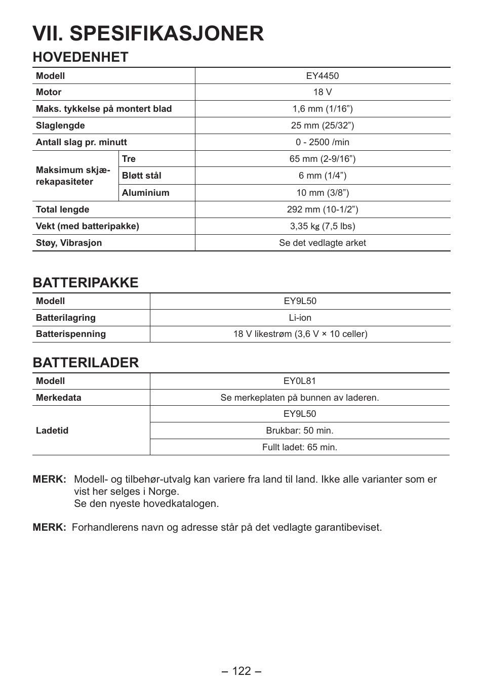 Vii. spesifikasjoner, Hovedenhet, Batteripakke | Batterilader | Panasonic EY4550 User Manual | Page 122 / 136