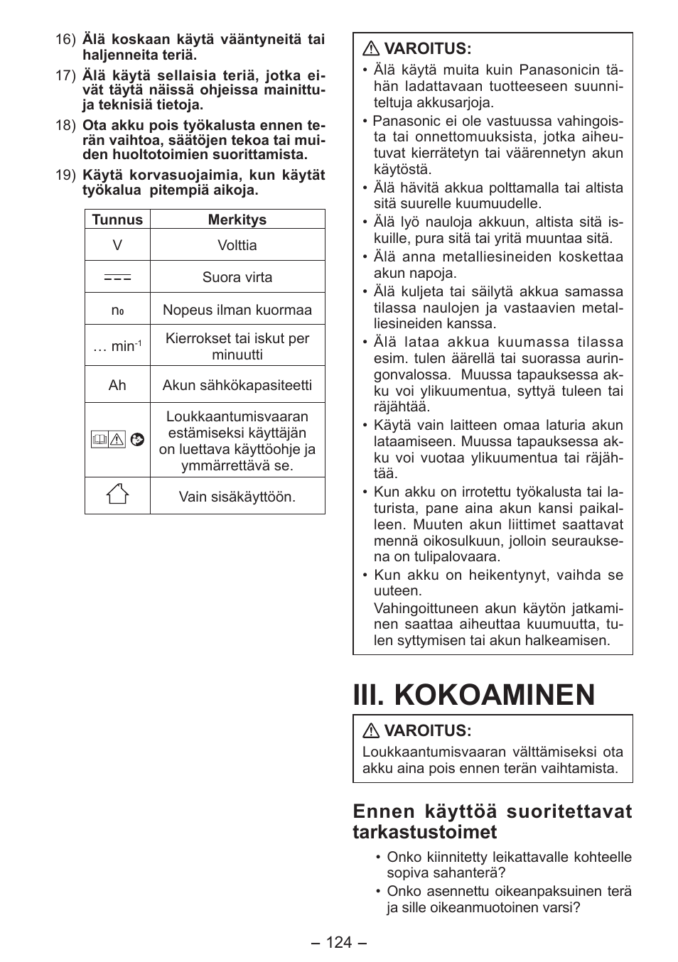 Iii. kokoaminen, Ennen käyttöä suoritettavat tarkastustoimet | Panasonic EY4550 User Manual | Page 124 / 136