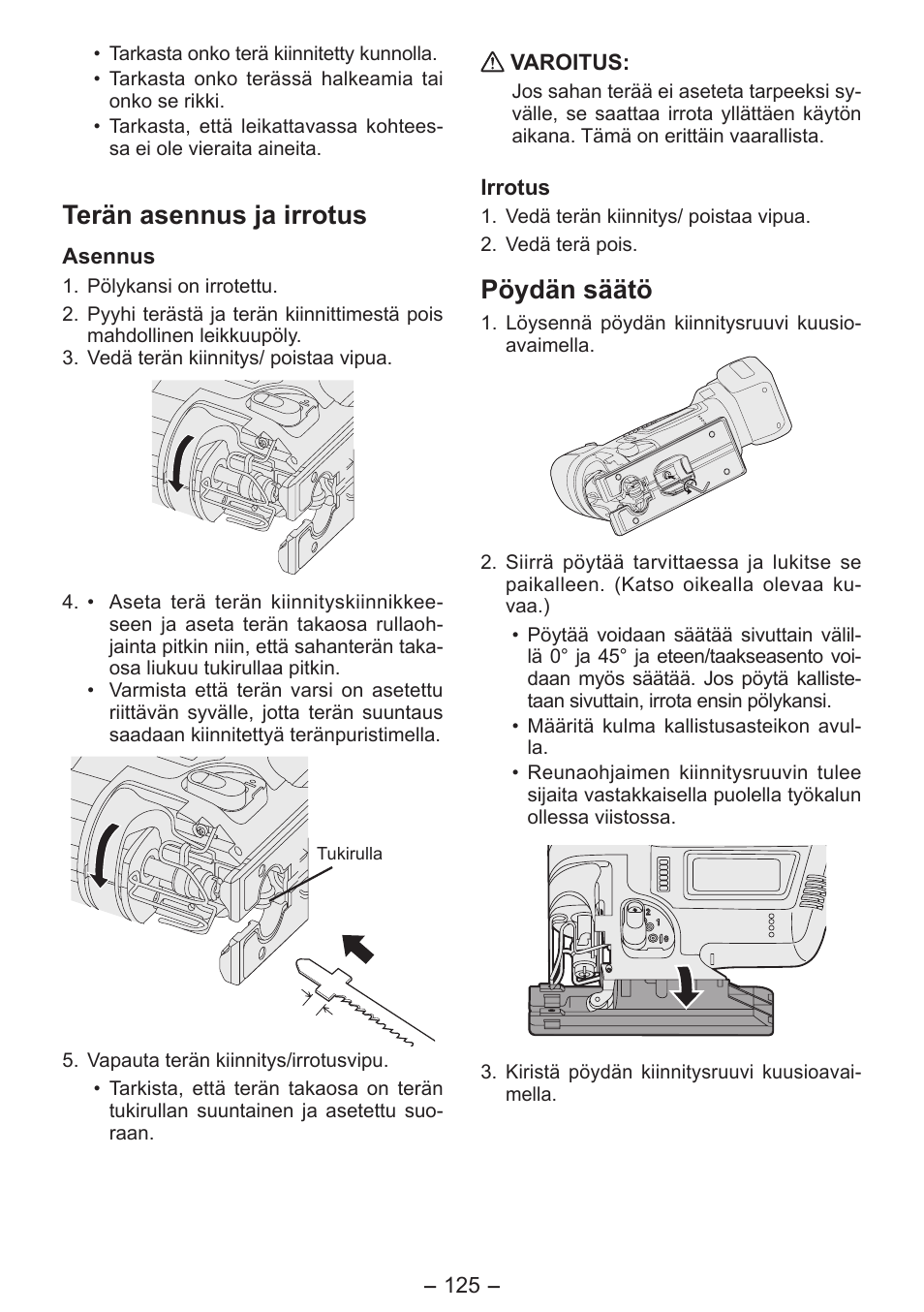 Terän asennus ja irrotus, Pöydän säätö | Panasonic EY4550 User Manual | Page 125 / 136