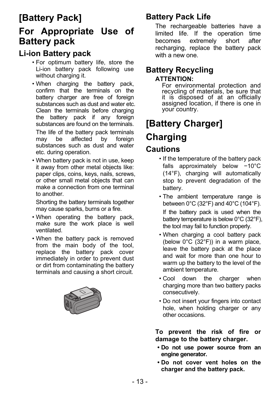 Battery pack] for appropriate use of battery pack, Battery charger] charging, Li-ion battery pack | Battery pack life, Battery recycling, Cautions | Panasonic EY4550 User Manual | Page 13 / 136