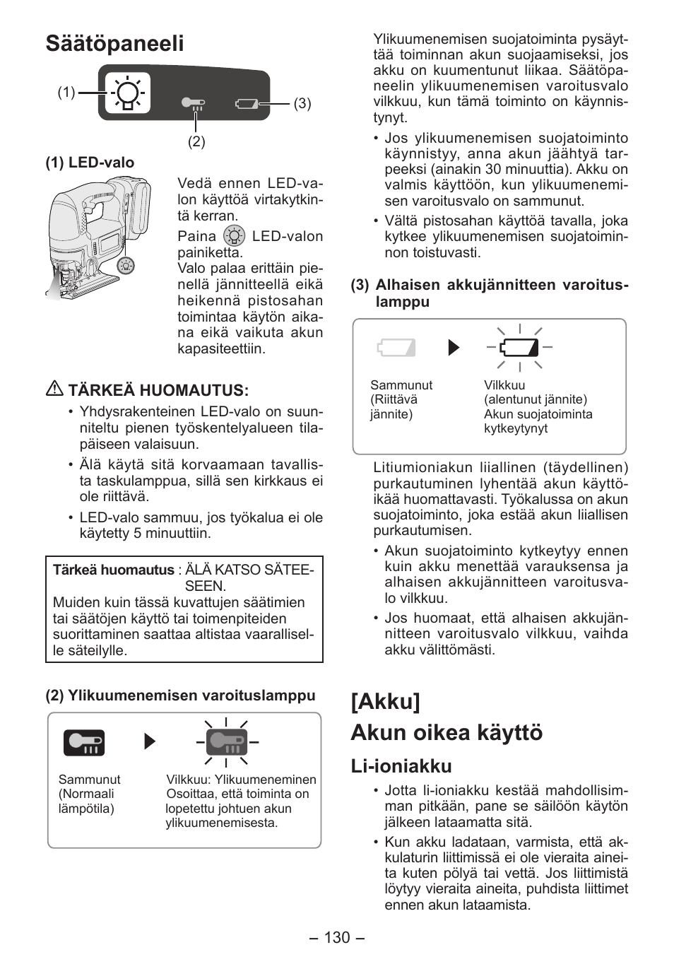 Säätöpaneeli, Akku] akun oikea käyttö, Li-ioniakku | Panasonic EY4550 User Manual | Page 130 / 136