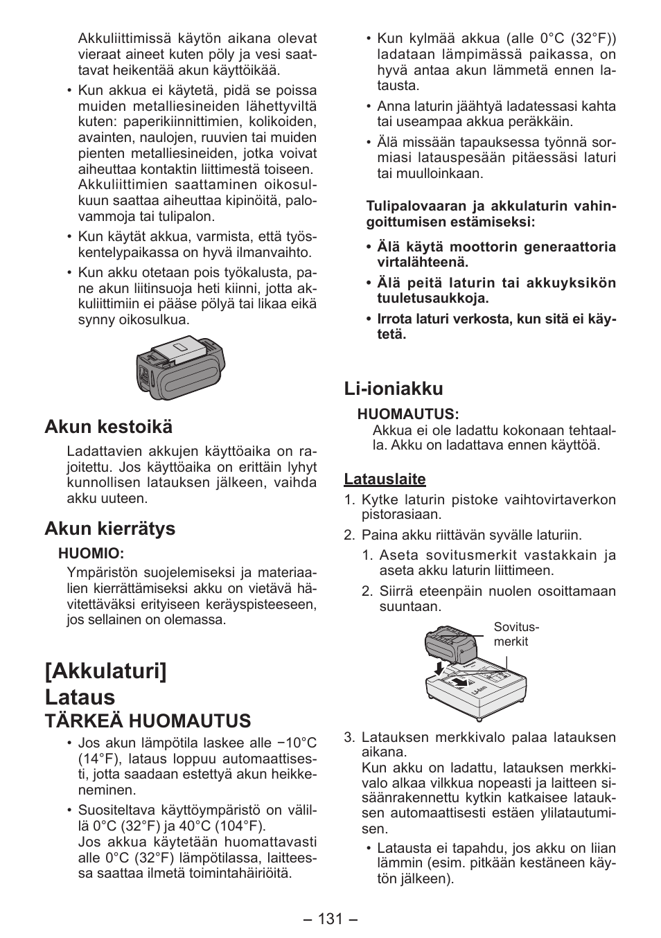 Akkulaturi] lataus, Akun kestoikä, Akun kierrätys | Tärkeä huomautus, Li-ioniakku | Panasonic EY4550 User Manual | Page 131 / 136