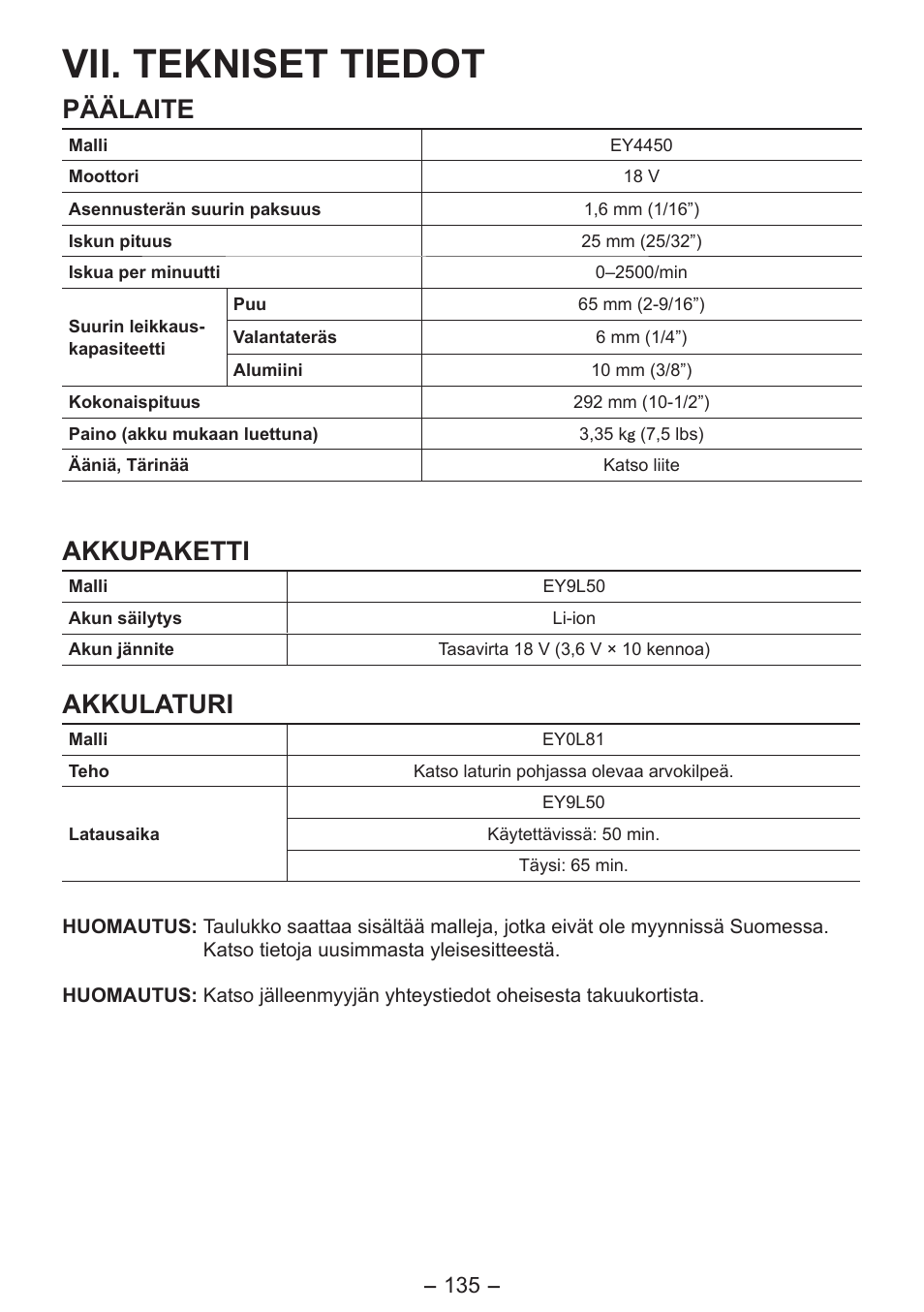 Vii. tekniset tiedot, Päälaite, Akkupaketti | Akkulaturi | Panasonic EY4550 User Manual | Page 135 / 136