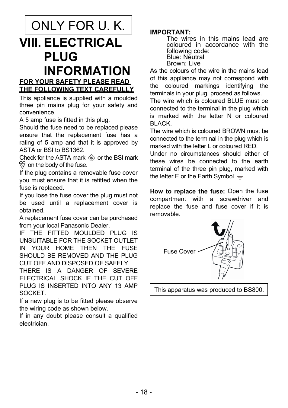 Viii. electrical plug information, Only for u. k | Panasonic EY4550 User Manual | Page 18 / 136