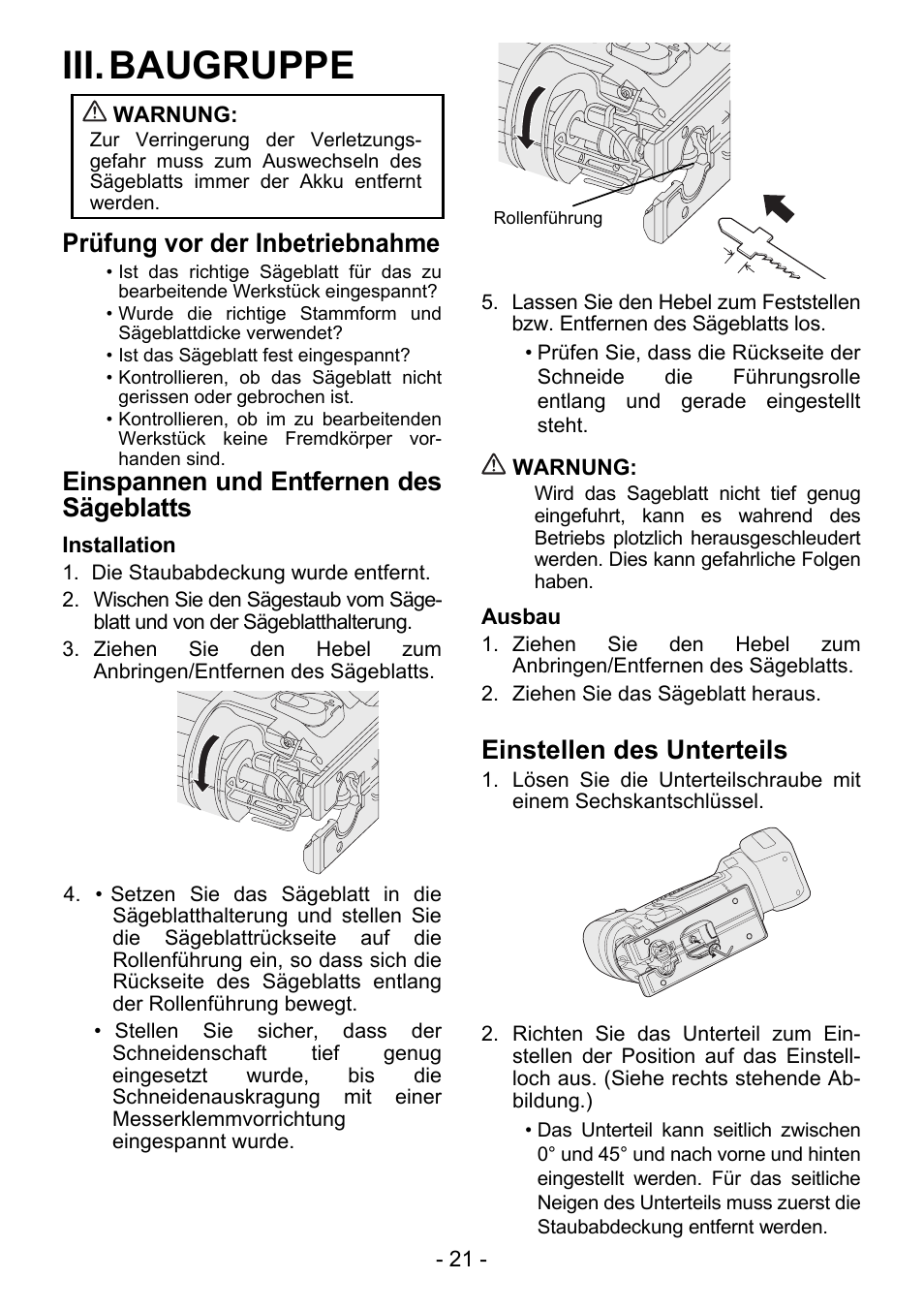 Iii. baugruppe, Prüfung vor der inbetriebnahme, Einspannen und entfernen des sägeblatts | Einstellen des unterteils | Panasonic EY4550 User Manual | Page 21 / 136