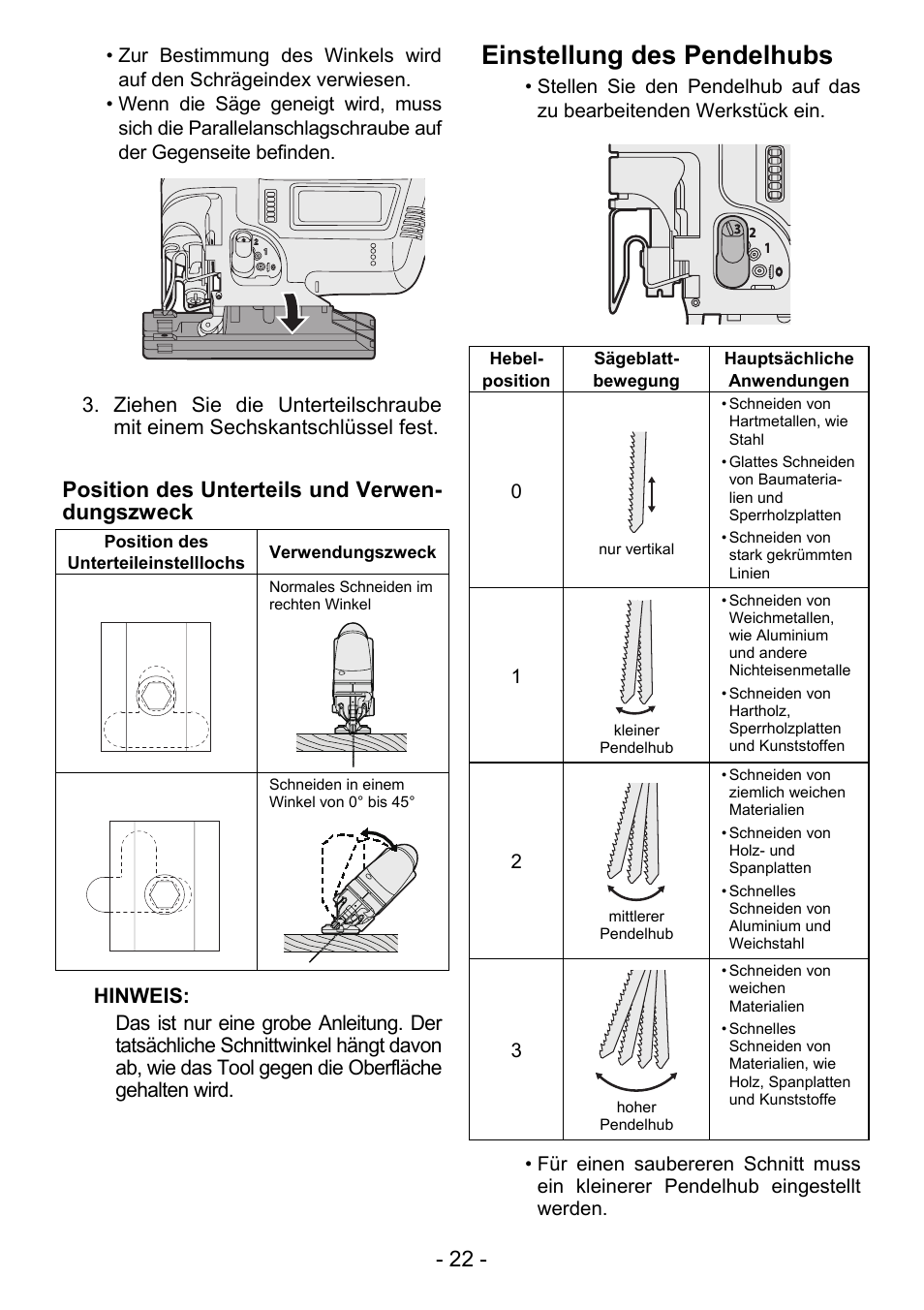 Einstellung des pendelhubs, Position des unterteils und verwen- dungszweck | Panasonic EY4550 User Manual | Page 22 / 136