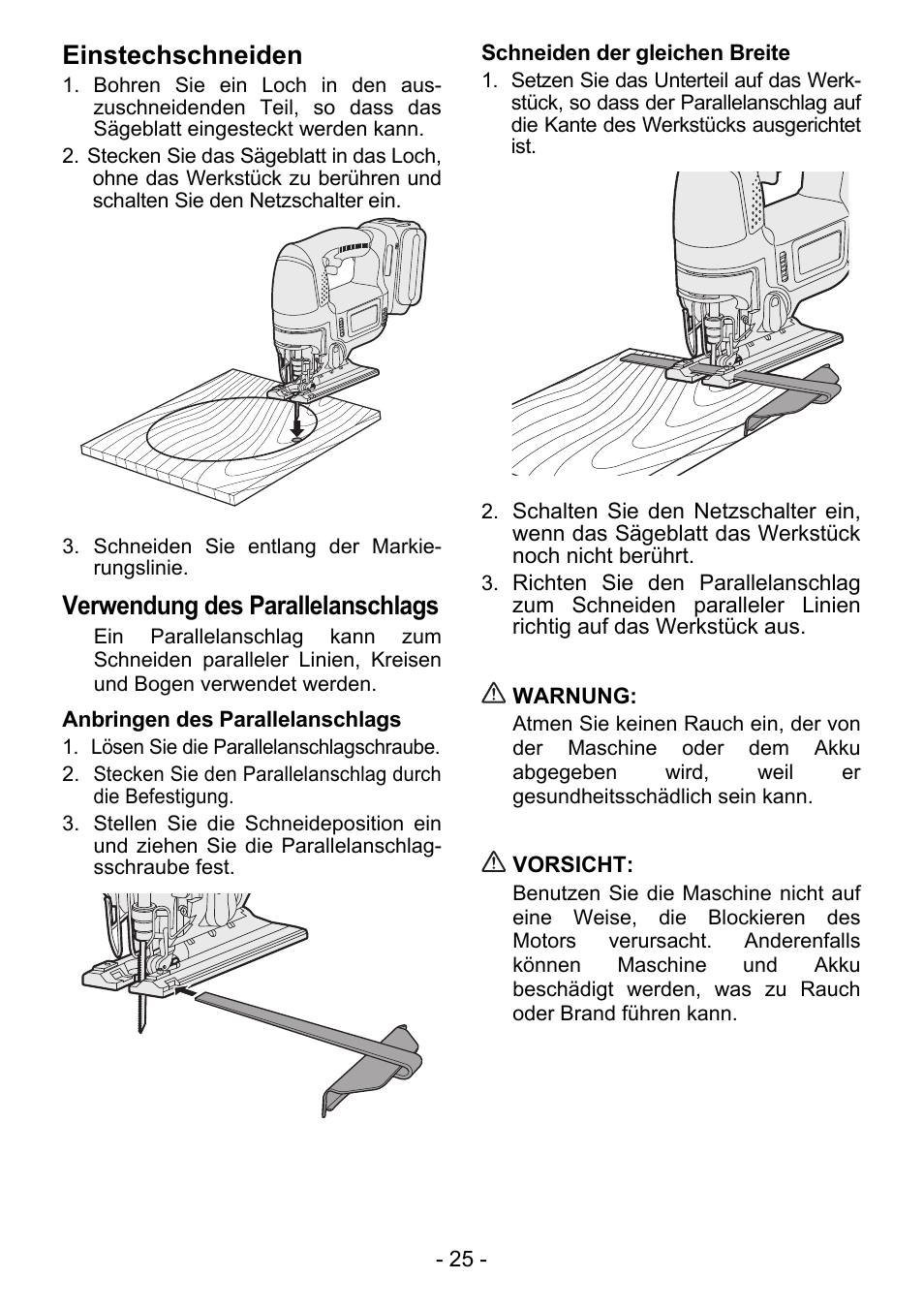 Einstechschneiden, Verwendung des parallelanschlags | Panasonic EY4550 User Manual | Page 25 / 136