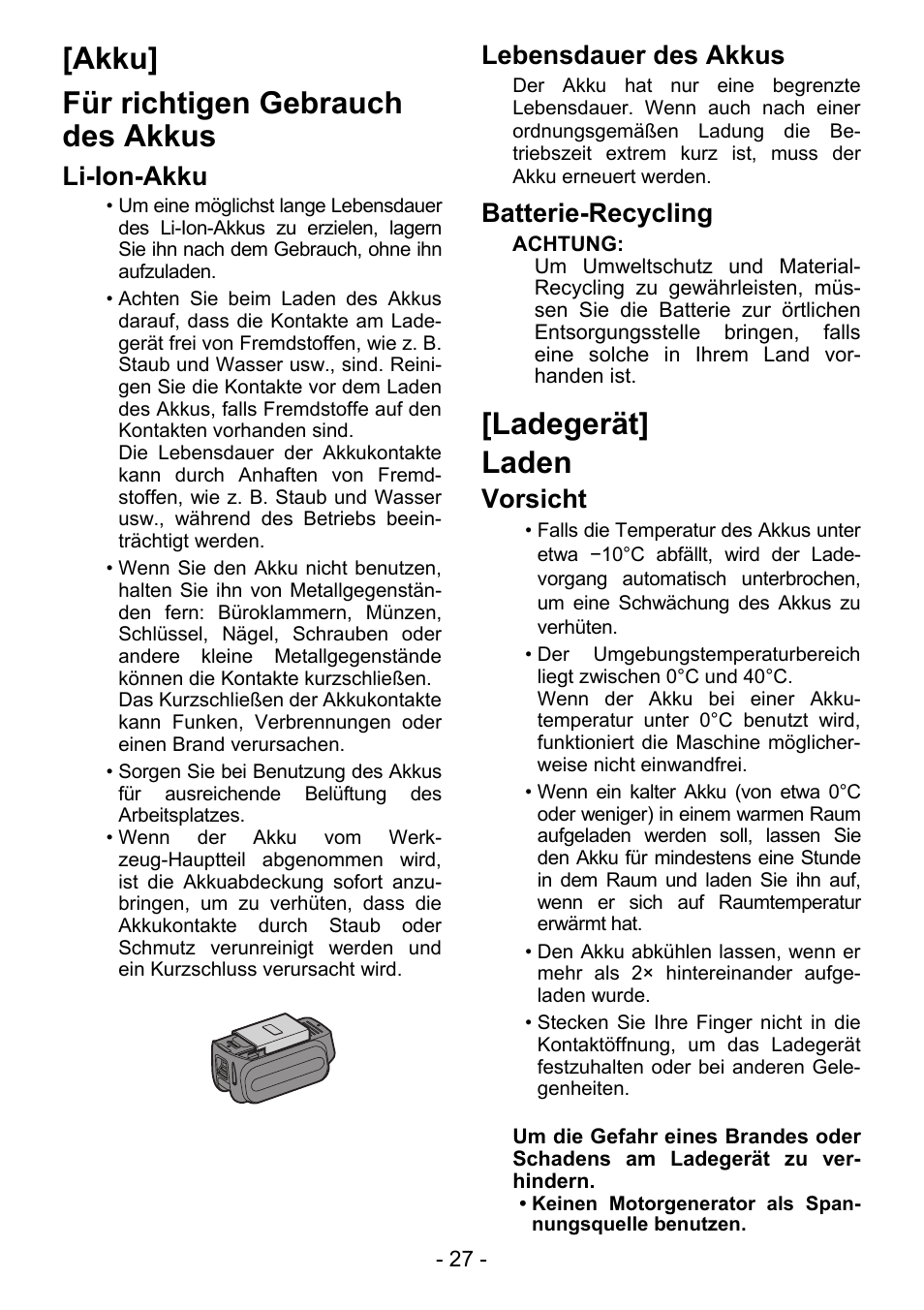 Akku] für richtigen gebrauch des akkus, Ladegerät] laden, Li-ion-akku | Lebensdauer des akkus, Batterie-recycling, Vorsicht | Panasonic EY4550 User Manual | Page 27 / 136