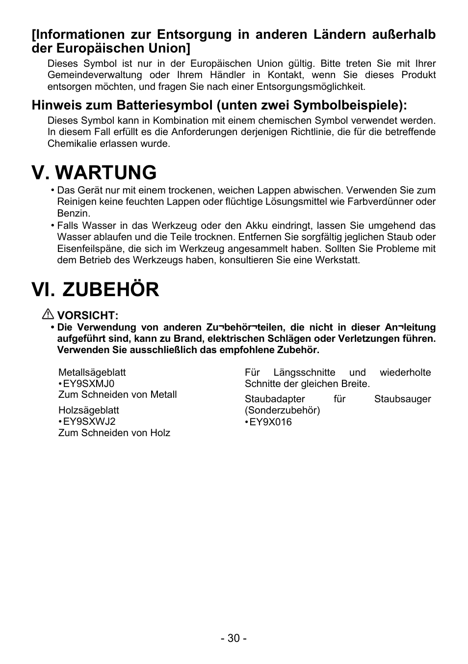 V. wartung, Vi. zubehör | Panasonic EY4550 User Manual | Page 30 / 136