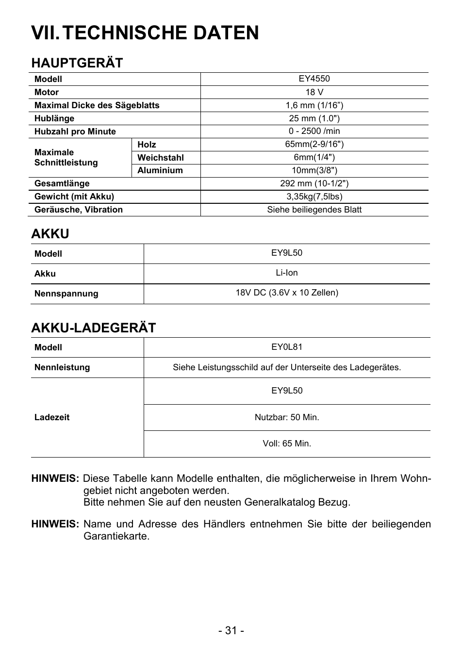 Vii. technische daten, Hauptgerät, Akku | Akku-ladegerät | Panasonic EY4550 User Manual | Page 31 / 136