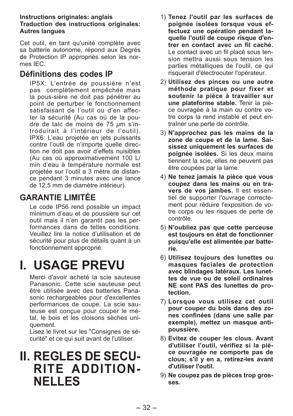 I. usage prevu, Ii. regles de secu- rite addition- nelles, Définitions des codes ip | Garantie limitée | Panasonic EY4550 User Manual | Page 32 / 136