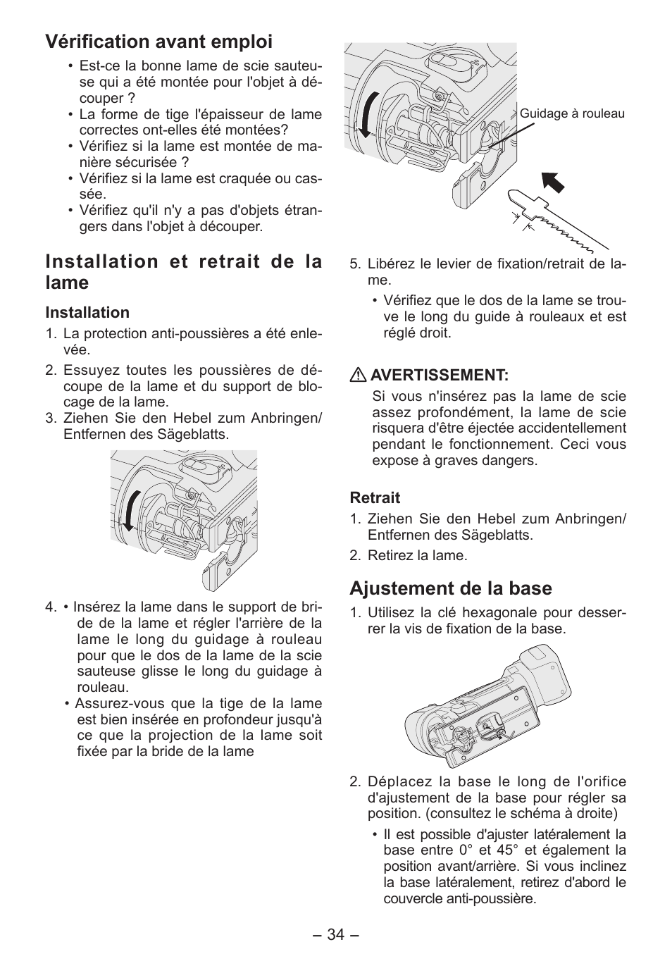 Vérification avant emploi, Installation et retrait de la lame, Ajustement de la base | Panasonic EY4550 User Manual | Page 34 / 136