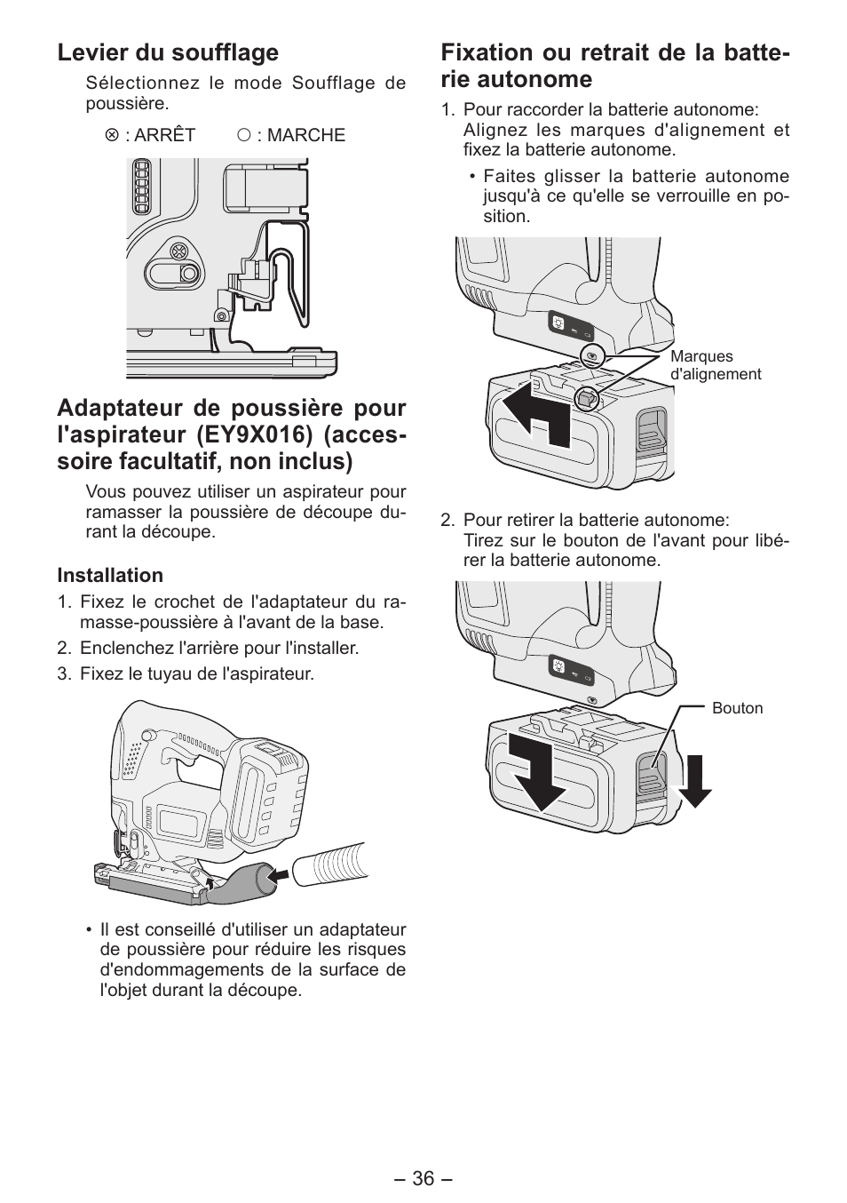 Levier du soufflage, Fixation ou retrait de la batte- rie autonome | Panasonic EY4550 User Manual | Page 36 / 136