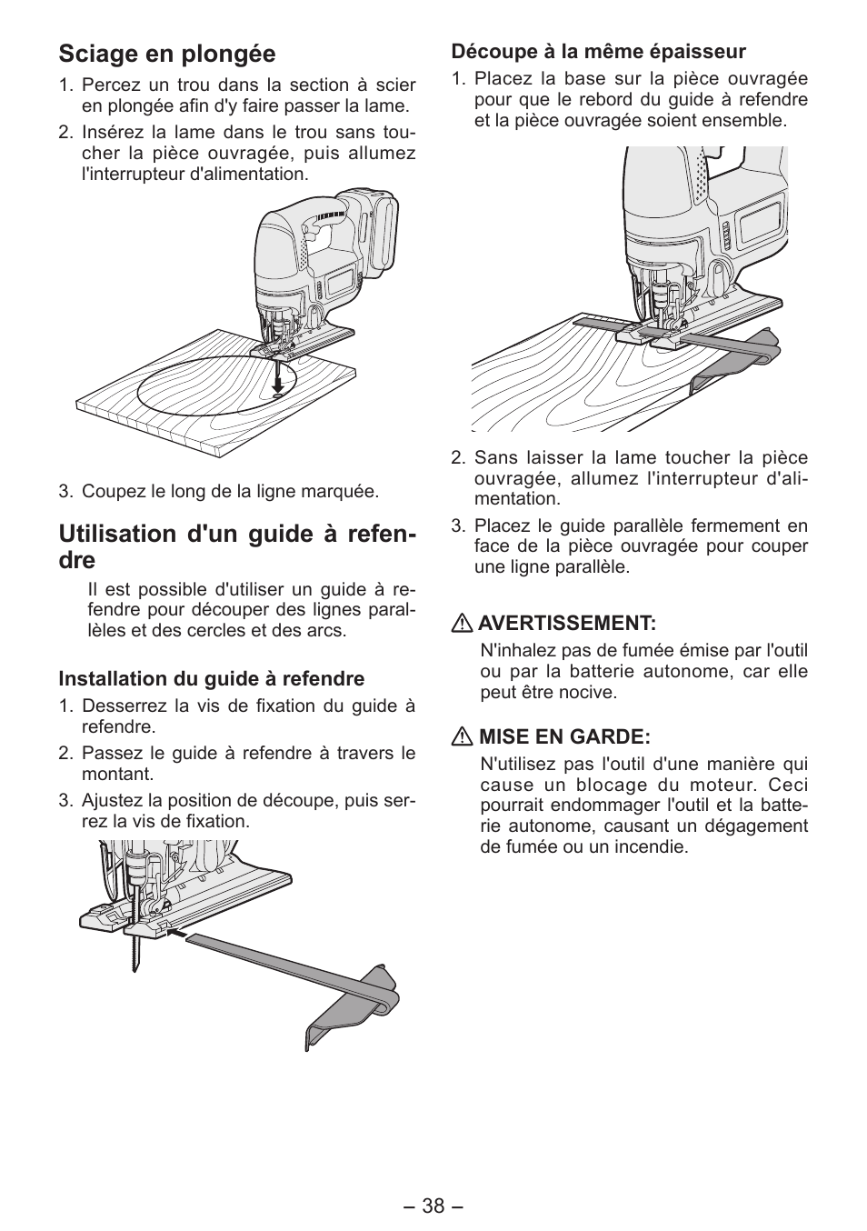 Sciage en plongée, Utilisation d'un guide à refen- dre | Panasonic EY4550 User Manual | Page 38 / 136