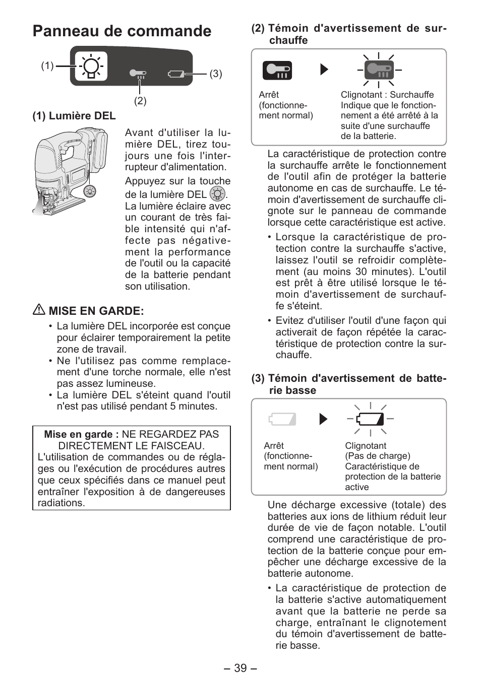Panneau de commande | Panasonic EY4550 User Manual | Page 39 / 136