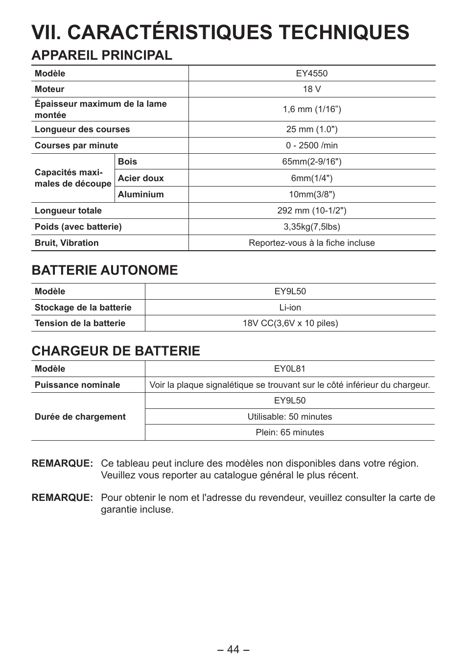 Vii. caractéristiques techniques, Appareil principal, Batterie autonome | Chargeur de batterie | Panasonic EY4550 User Manual | Page 44 / 136