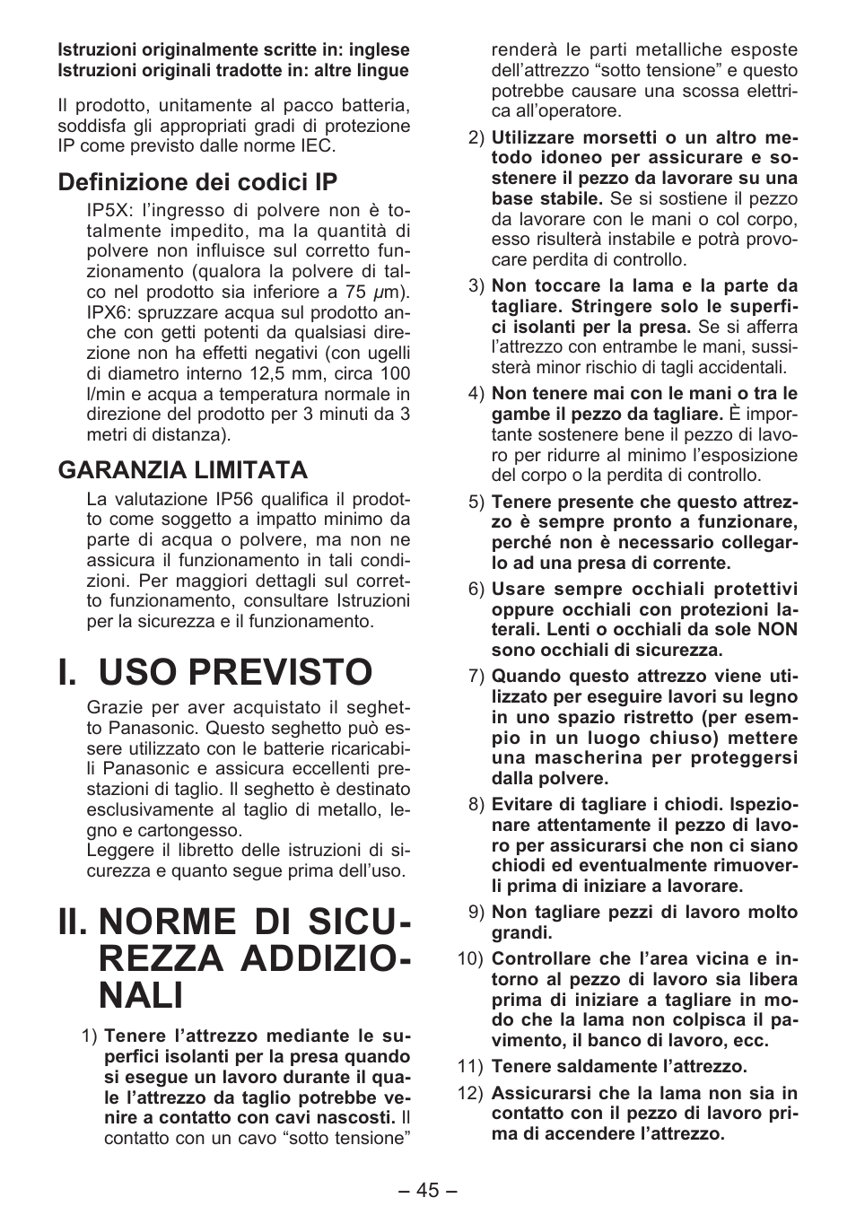 I. uso previsto, Ii. norme di sicu- rezza addizio- nali, Definizione dei codici ip | Garanzia limitata | Panasonic EY4550 User Manual | Page 45 / 136