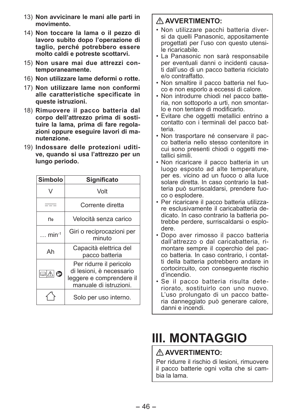 Iii. montaggio | Panasonic EY4550 User Manual | Page 46 / 136