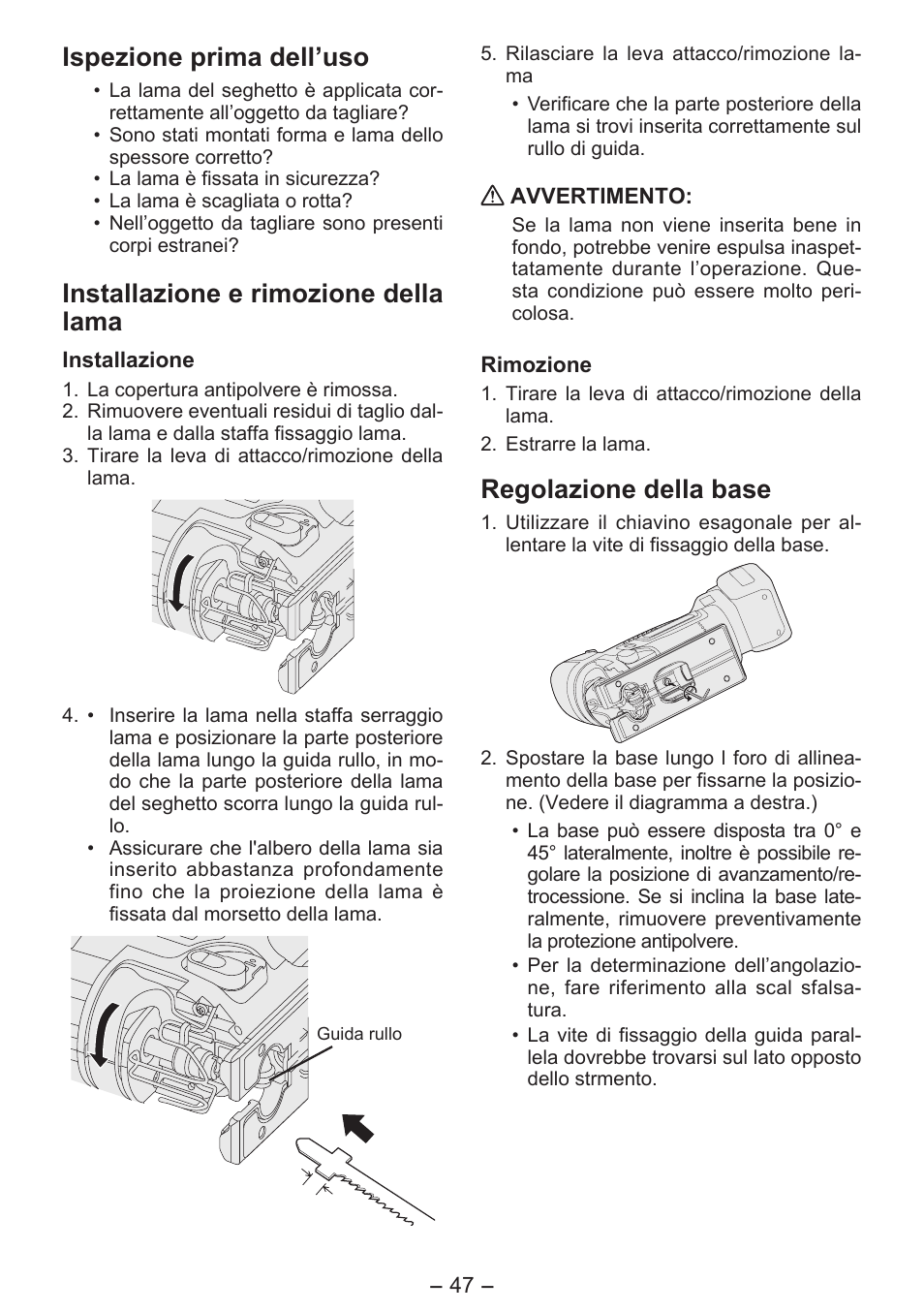 Ispezione prima dell’uso, Installazione e rimozione della lama, Regolazione della base | Panasonic EY4550 User Manual | Page 47 / 136