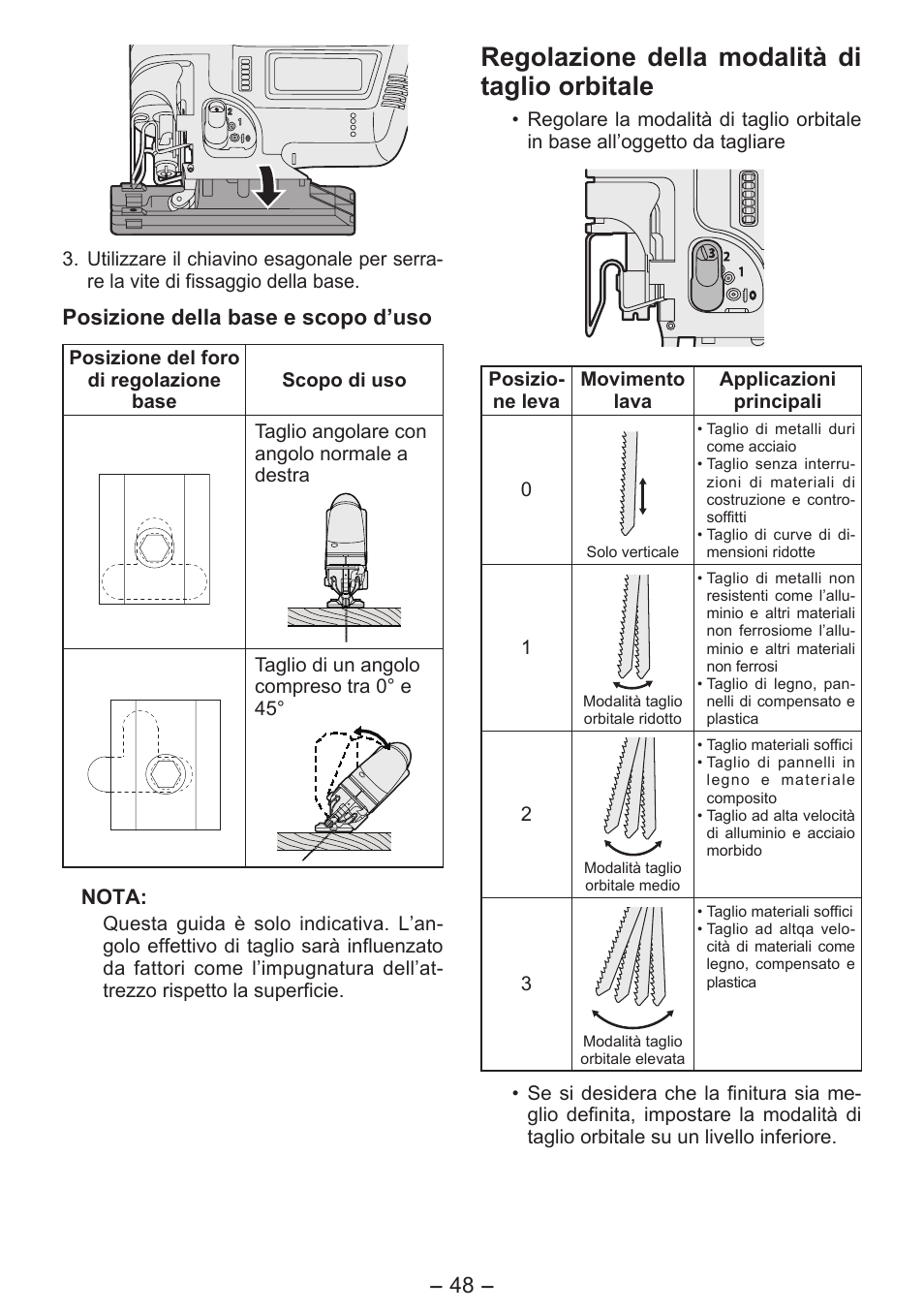 Regolazione della modalità di taglio orbitale | Panasonic EY4550 User Manual | Page 48 / 136