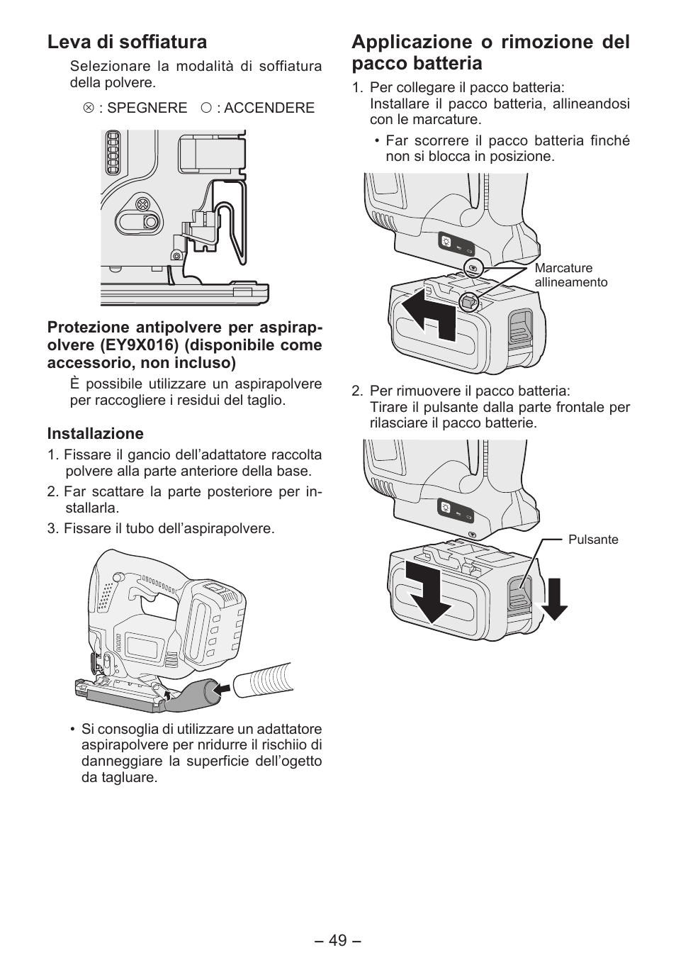 Leva di soffiatura, Applicazione o rimozione del pacco batteria | Panasonic EY4550 User Manual | Page 49 / 136