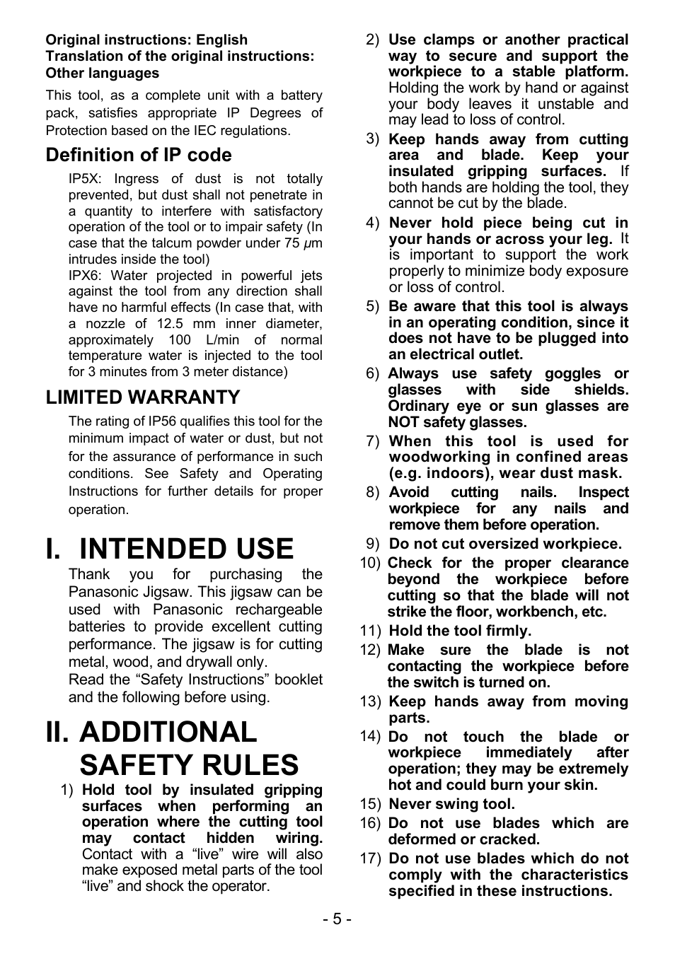 I. intended use, Ii. additional safety rules, Definition of ip code | Limited warranty | Panasonic EY4550 User Manual | Page 5 / 136