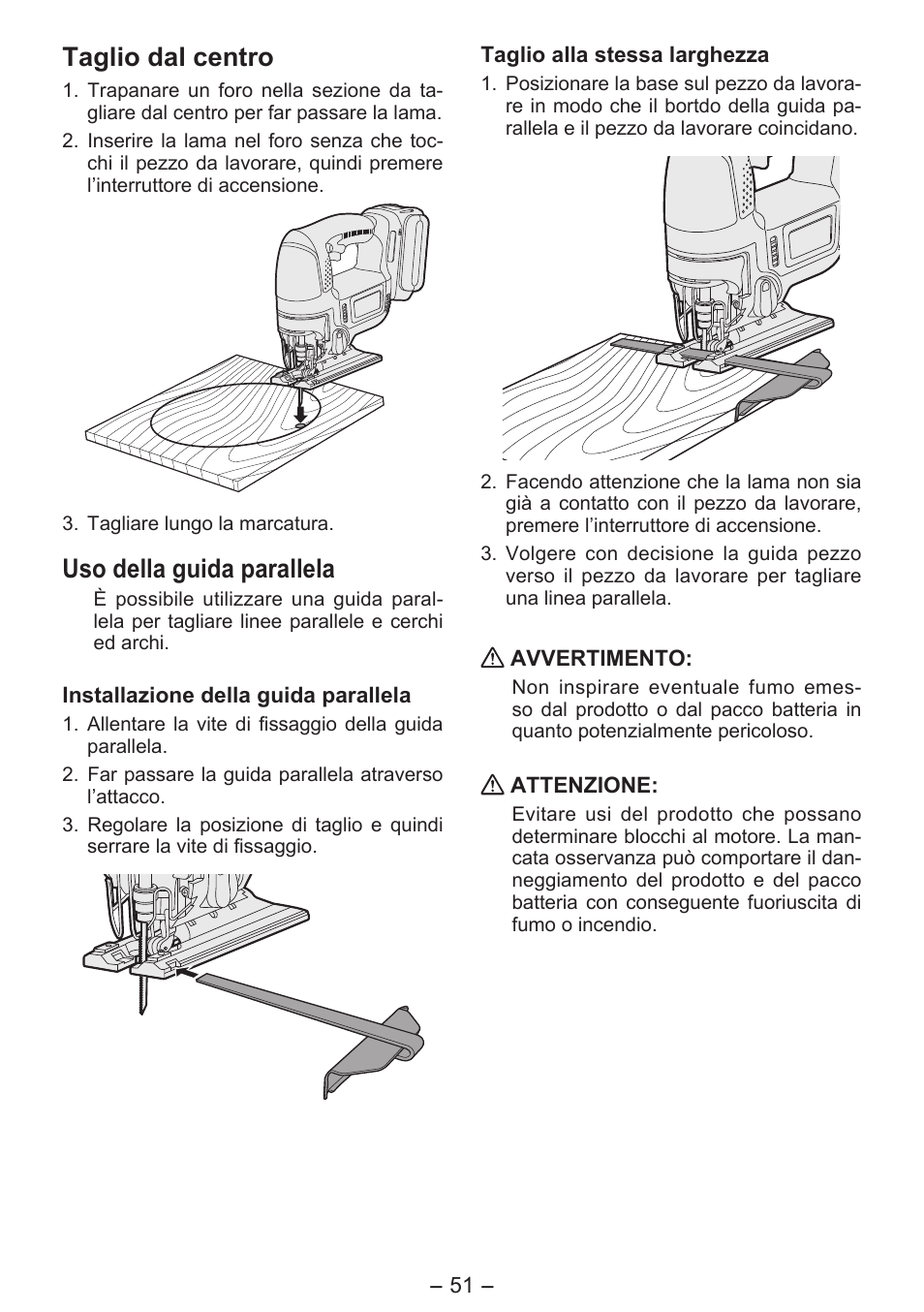 Taglio dal centro, Uso della guida parallela | Panasonic EY4550 User Manual | Page 51 / 136