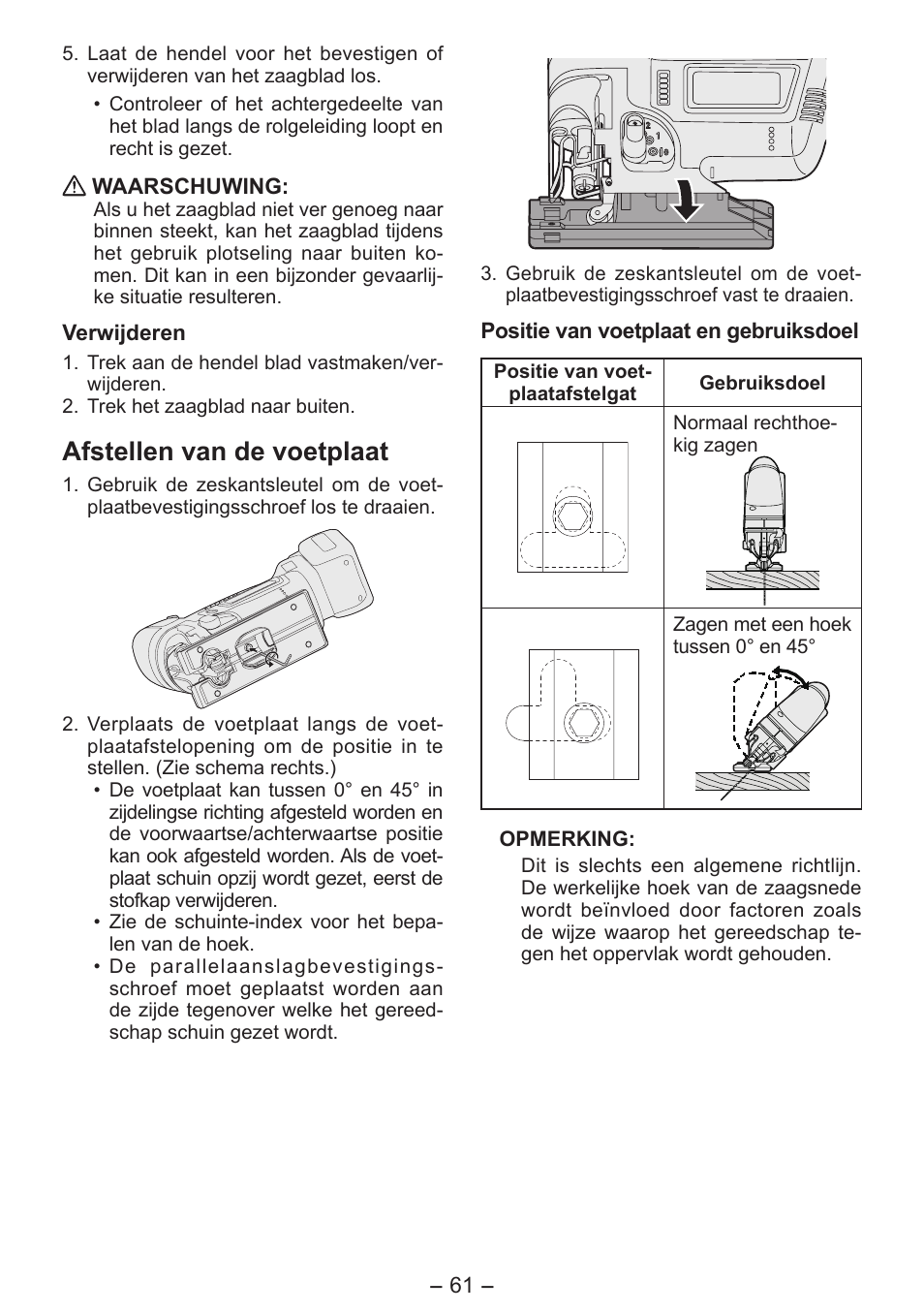 Afstellen van de voetplaat | Panasonic EY4550 User Manual | Page 61 / 136