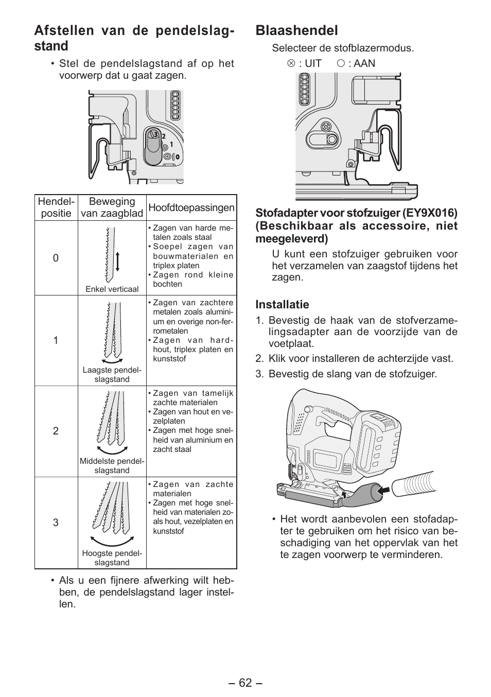 Afstellen van de pendelslag- stand, Blaashendel | Panasonic EY4550 User Manual | Page 62 / 136