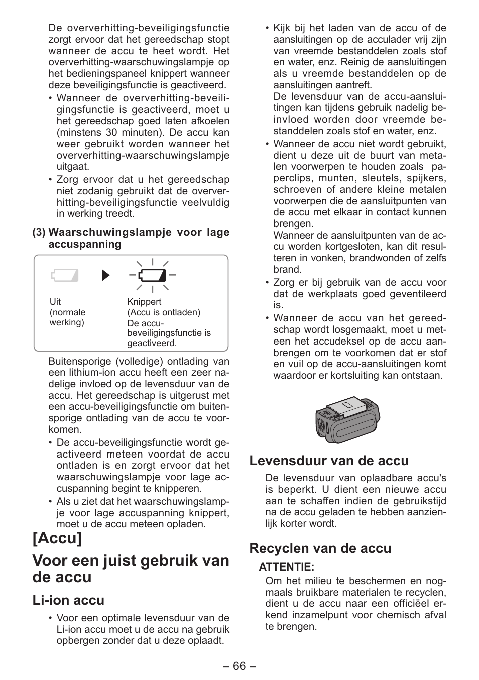Accu] voor een juist gebruik van de accu, Li-ion accu, Levensduur van de accu | Recyclen van de accu | Panasonic EY4550 User Manual | Page 66 / 136