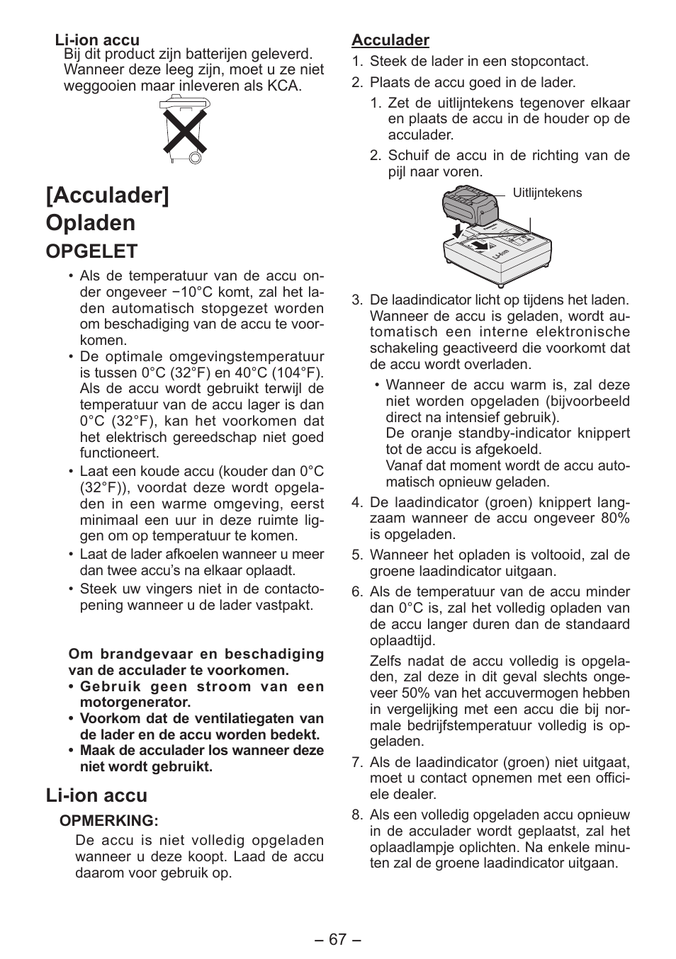 Acculader] opladen, Opgelet, Li-ion accu | Panasonic EY4550 User Manual | Page 67 / 136