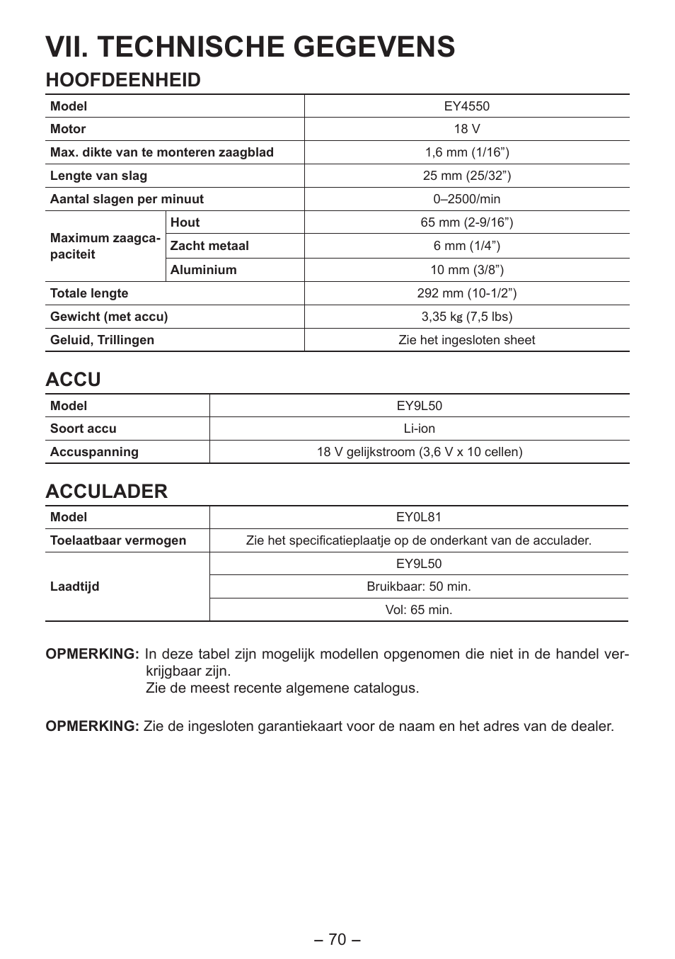 Vii. technische gegevens, Hoofdeenheid, Accu | Acculader | Panasonic EY4550 User Manual | Page 70 / 136