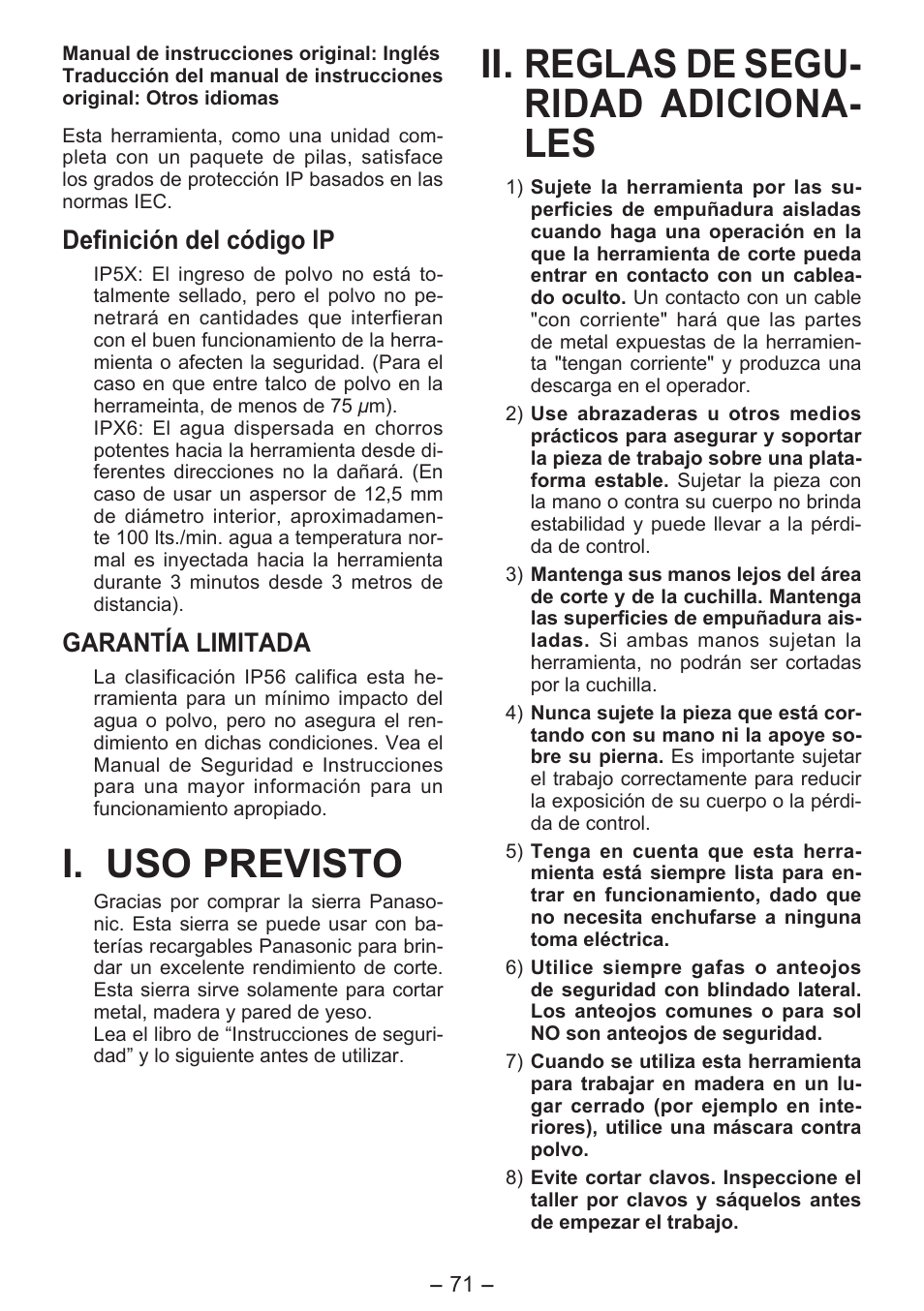 I. uso previsto, Ii. reglas de segu- ridad adiciona- les, Definición del código ip | Garantía limitada | Panasonic EY4550 User Manual | Page 71 / 136