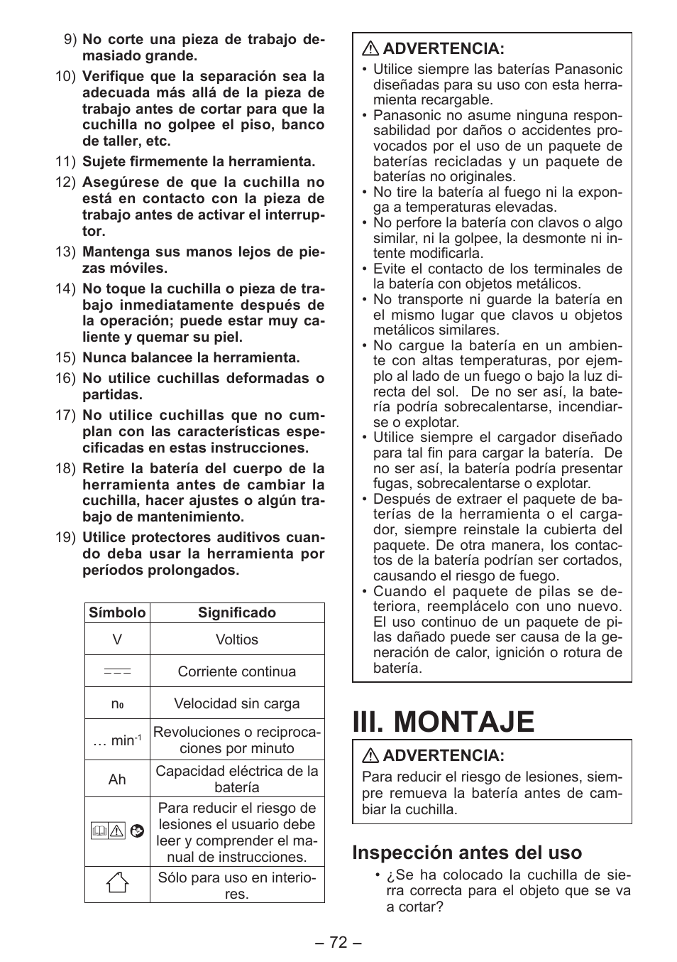 Iii. montaje, Inspección antes del uso | Panasonic EY4550 User Manual | Page 72 / 136
