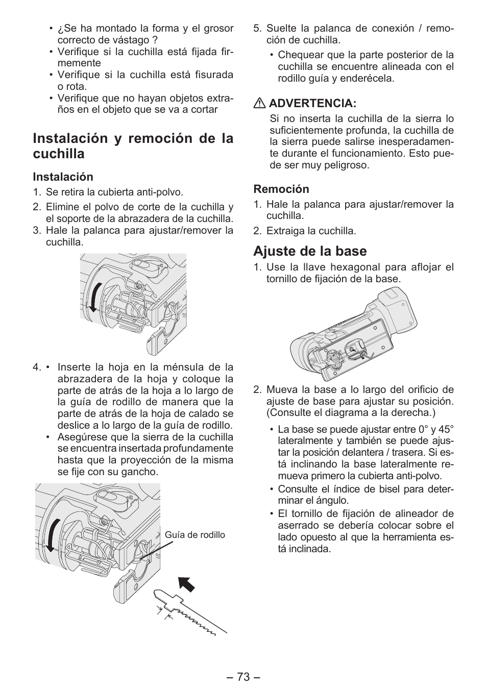 Instalación y remoción de la cuchilla, Ajuste de la base | Panasonic EY4550 User Manual | Page 73 / 136