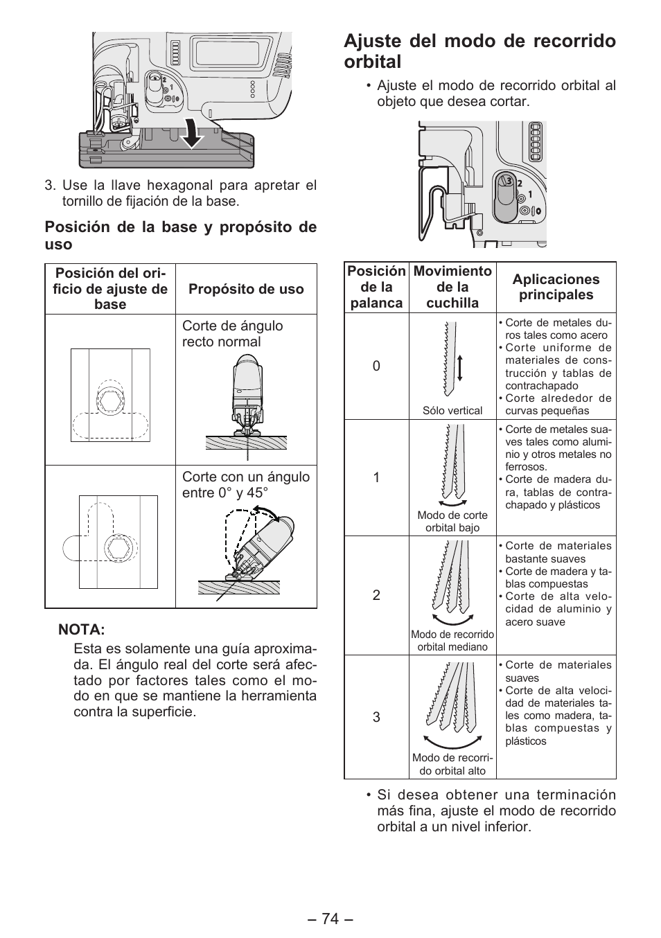 Ajuste del modo de recorrido orbital | Panasonic EY4550 User Manual | Page 74 / 136